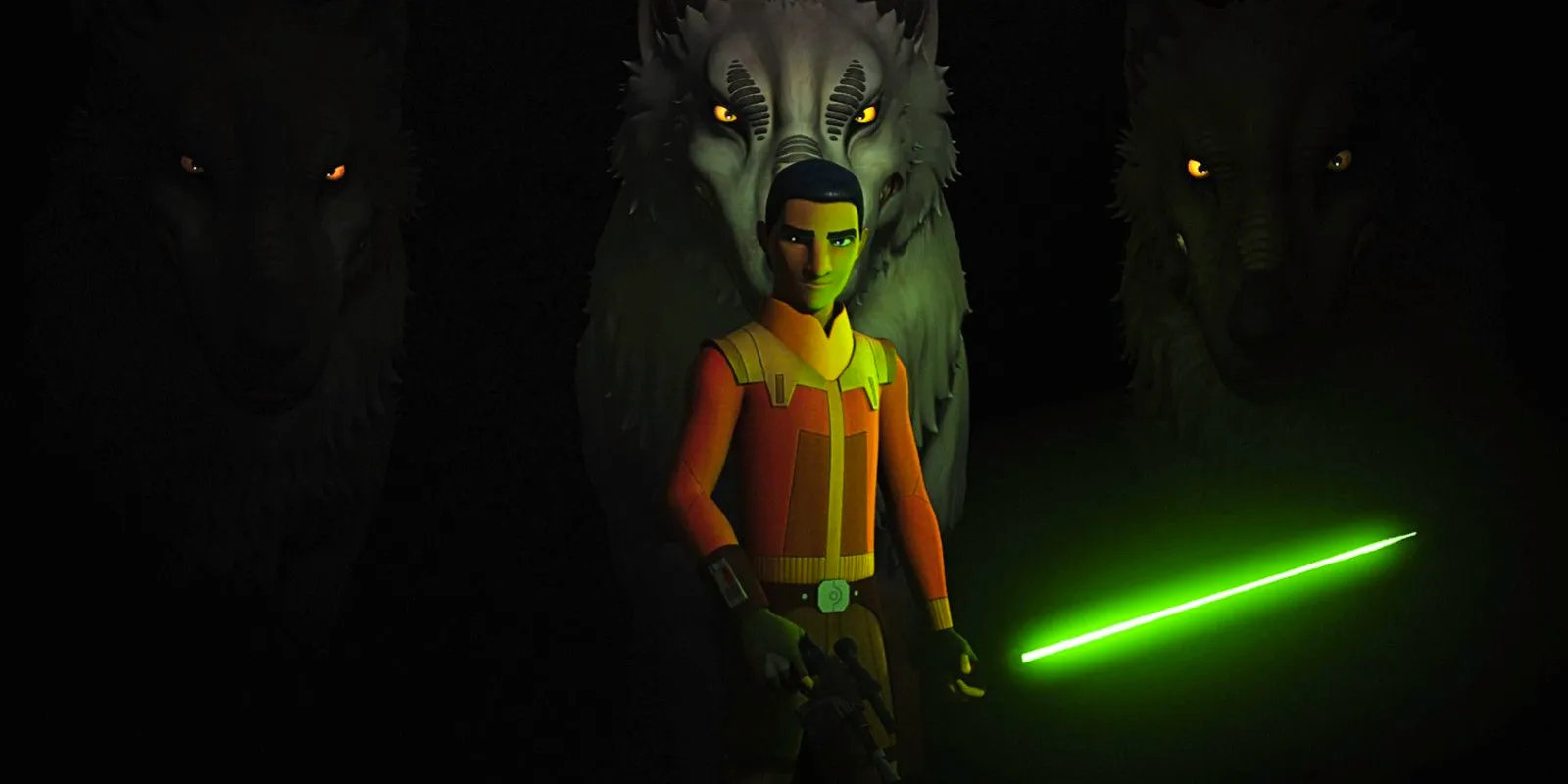 Ezra Bridger and Loth wolves standing behind him in Star Wars Rebels. Image