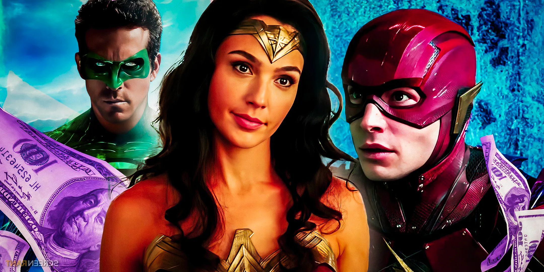 Ezra Miller's Flash, Gal Gadot's Wonder Woman, and Ryan Reynolds' Green Lantern in DC movies with money falling from the sky Image