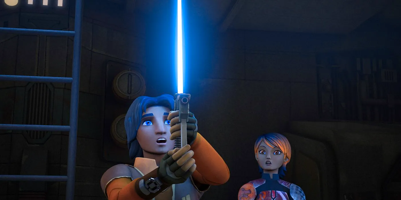 Ezra shows off his new lightsaber in Star Wars Rebels Image