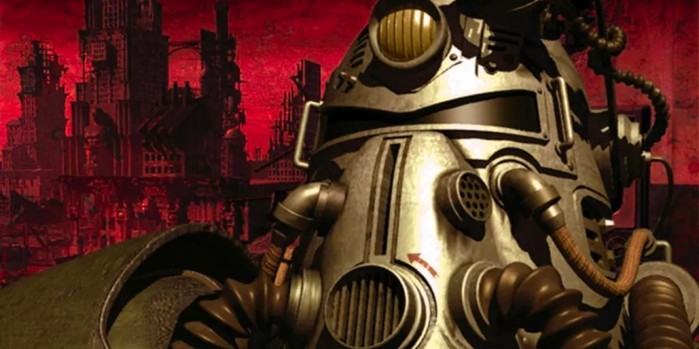 Fallout 1 cover showing a member of the Brotherhood of Steel in Power Armor. Image