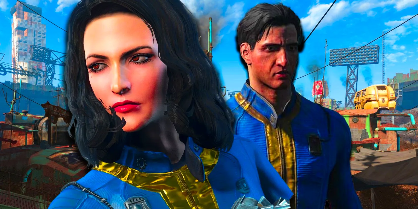 Fallout 4 protagonists Nate and Nora in Diamond City. Image