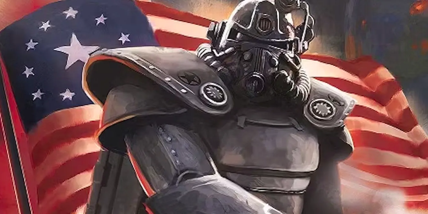 Fallout - Brotherhood of Steel member in power armor with the pre-war US flag behind him Image