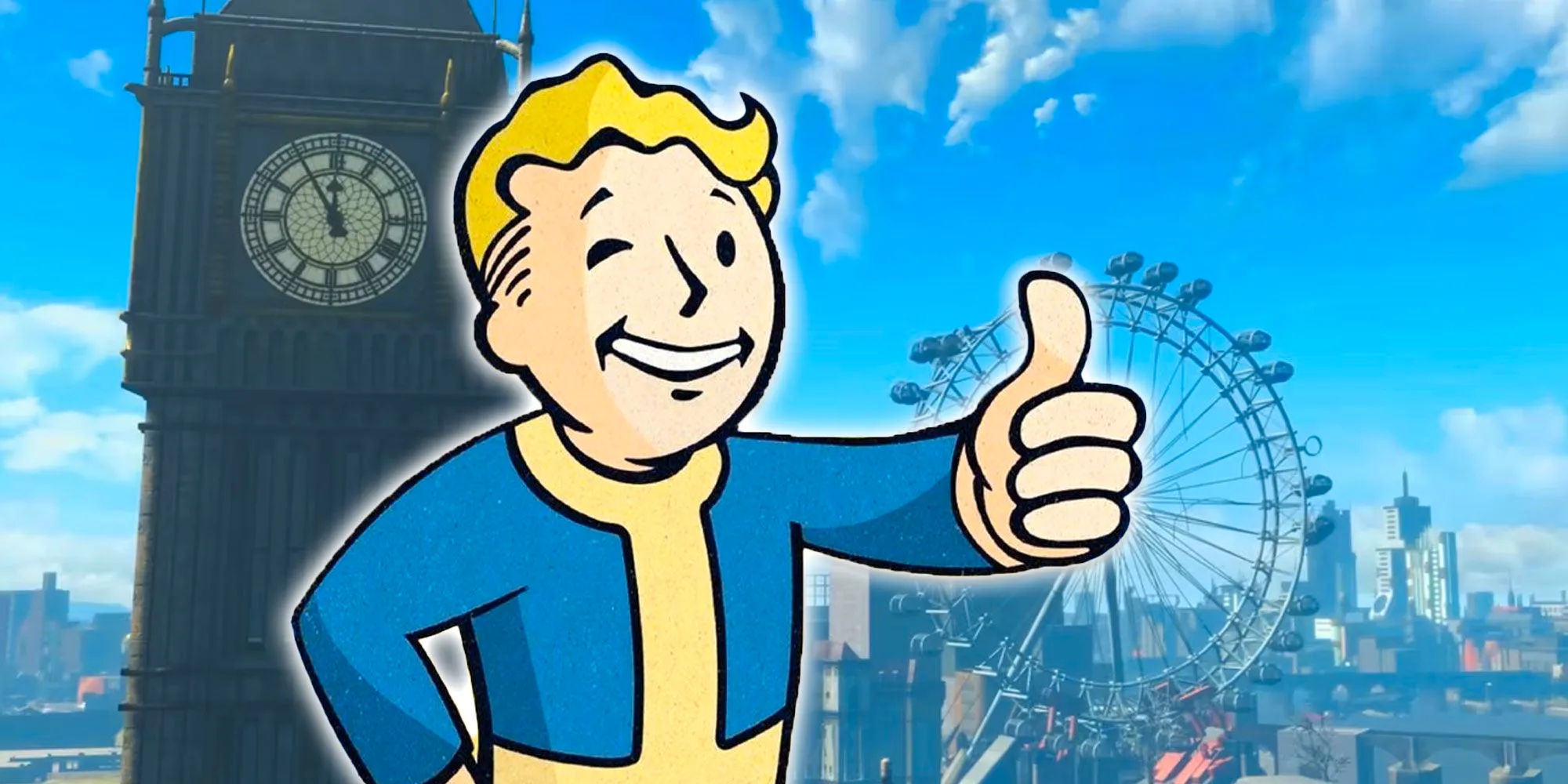 Fallout London with Vault Boy in the foreground.  Image