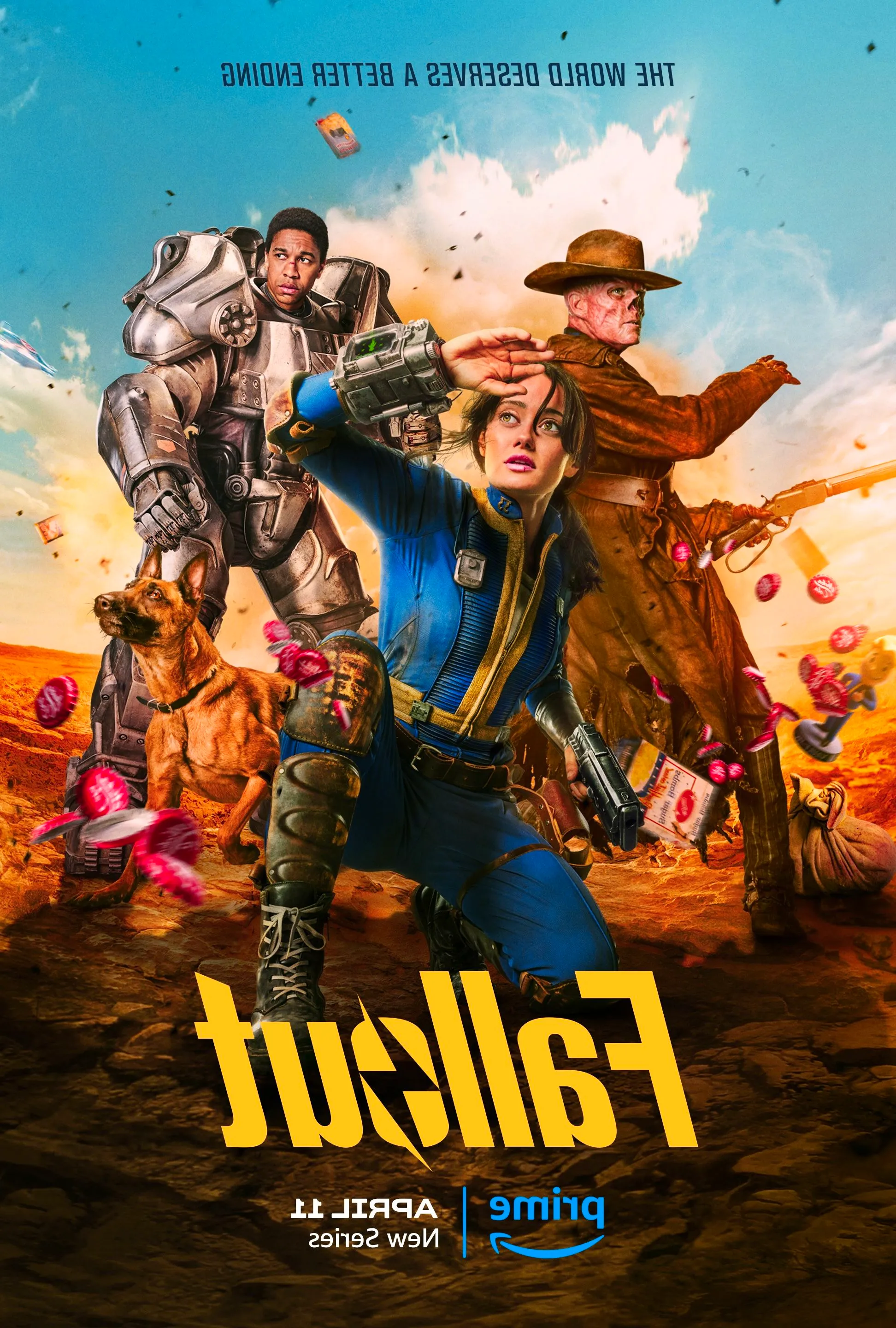 Fallout TV Show Poster Showing Lucy, CX404, Ghoul, and Maximus in Front of an Explosion with Flying Bottle Caps Image