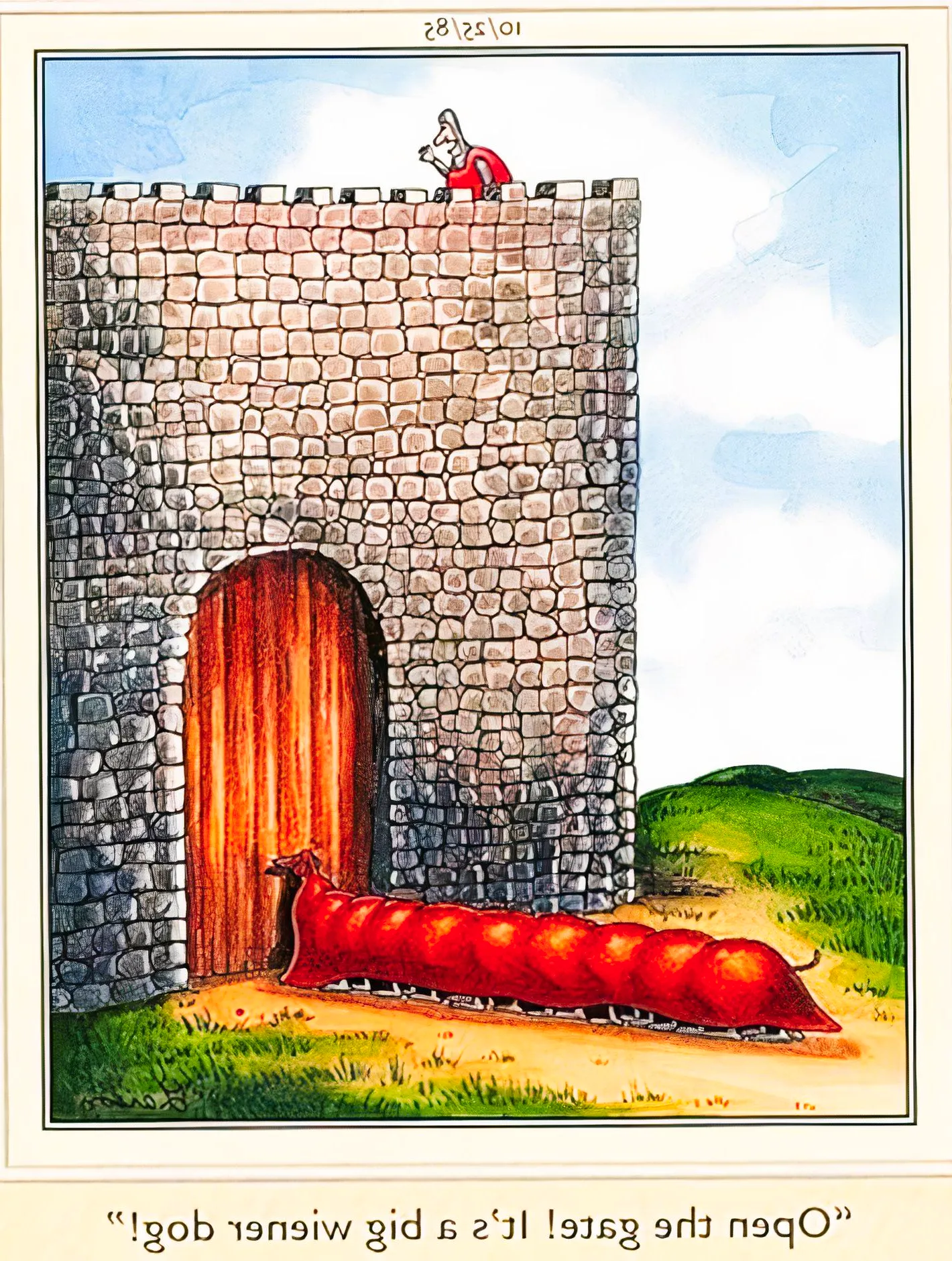 Far Side, a knight calls for the castle gate to be opened for a 'big Weiner dog' Image