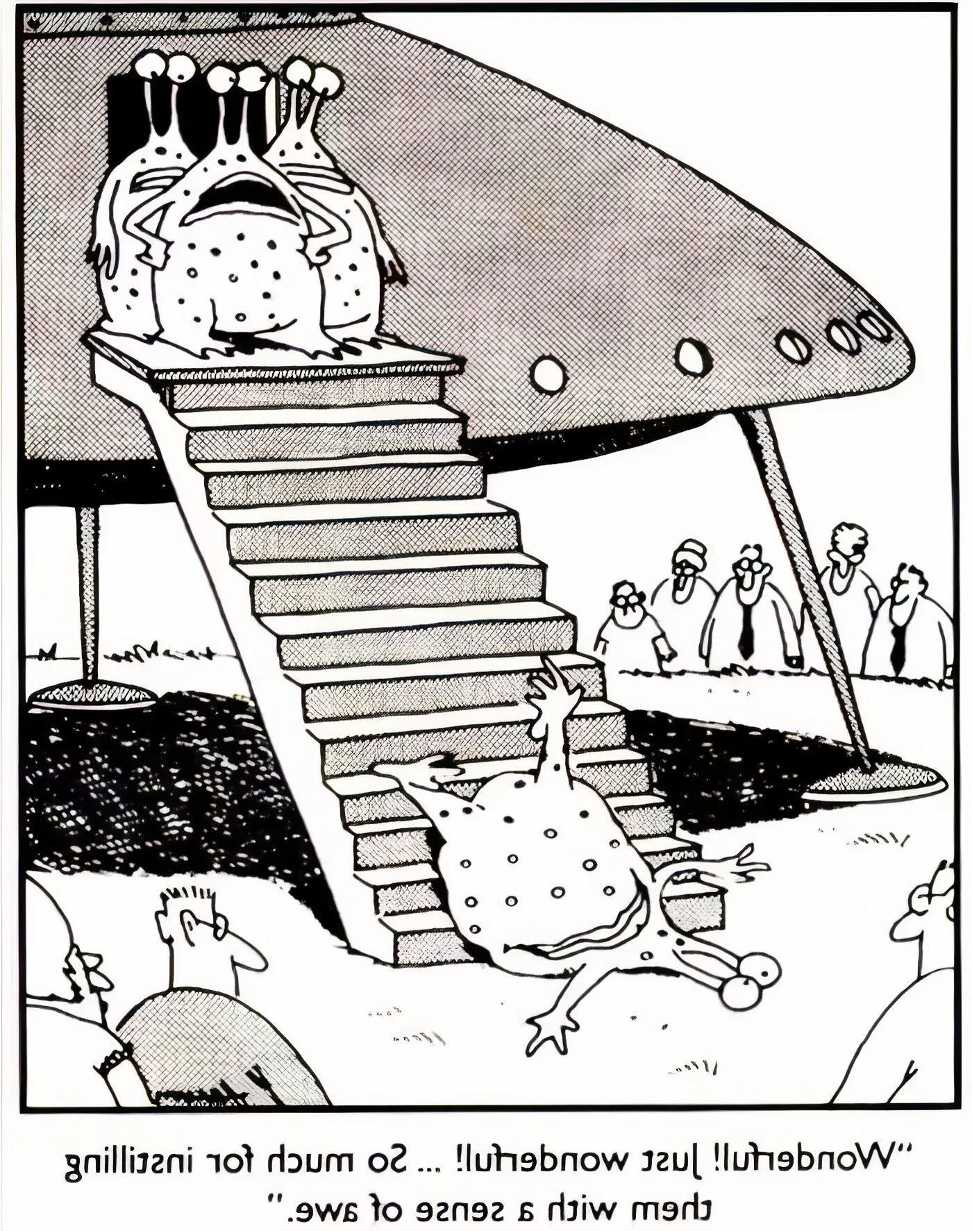 Far Side alien falling down the steps of their spaceship.  Image