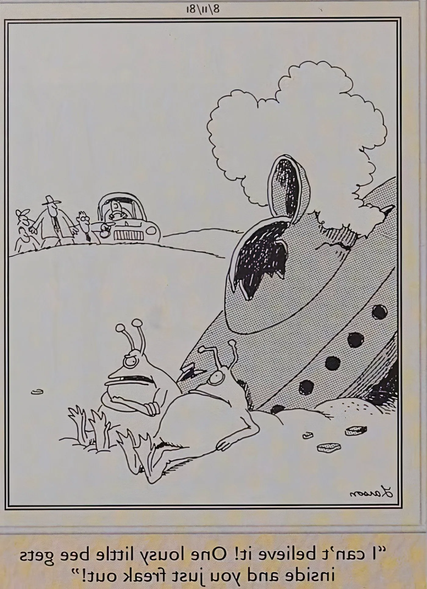 Far Side aliens crashing their ship because of a bee. Image