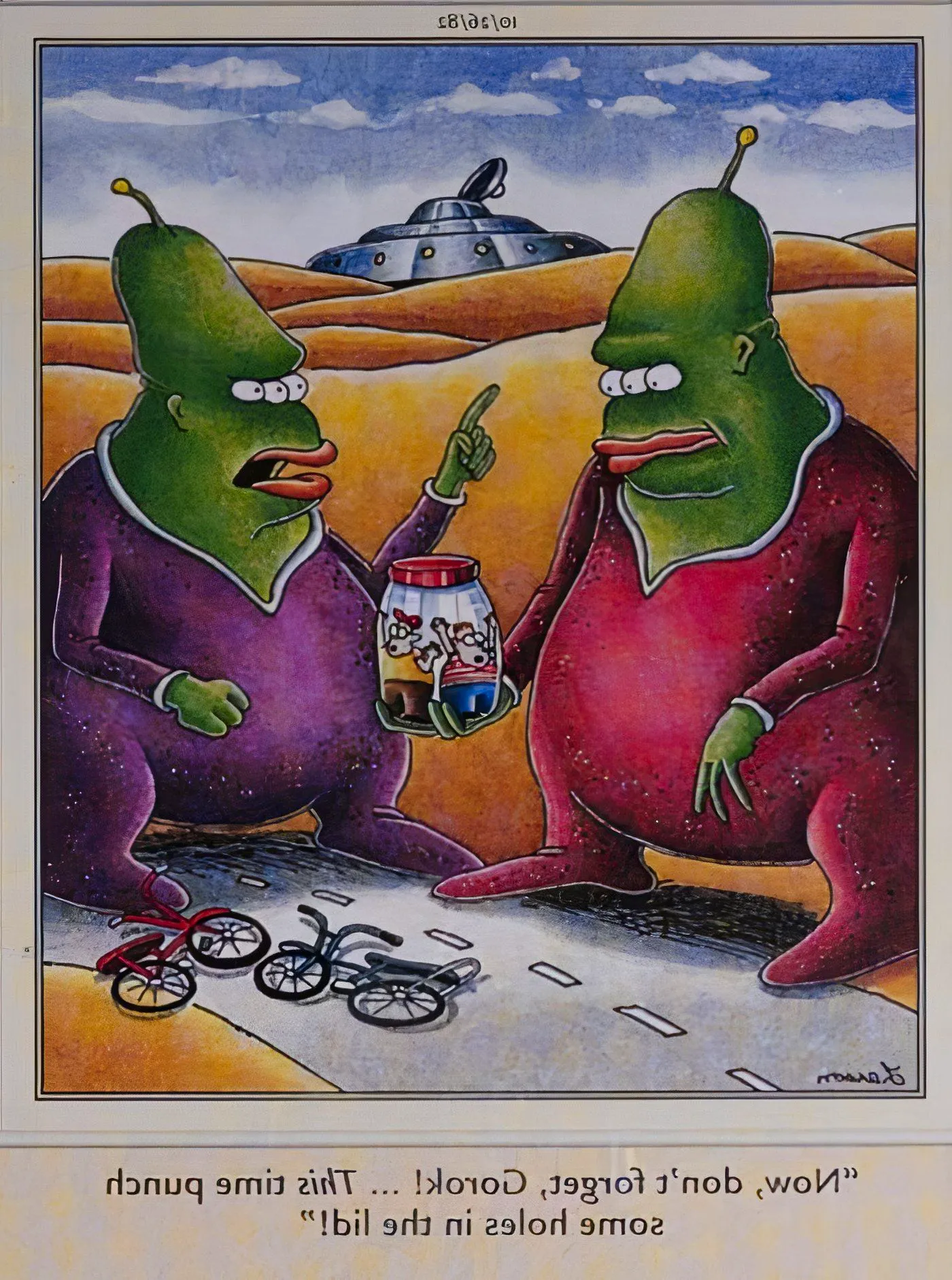 Far Side aliens keeping humans in a jar.  Image