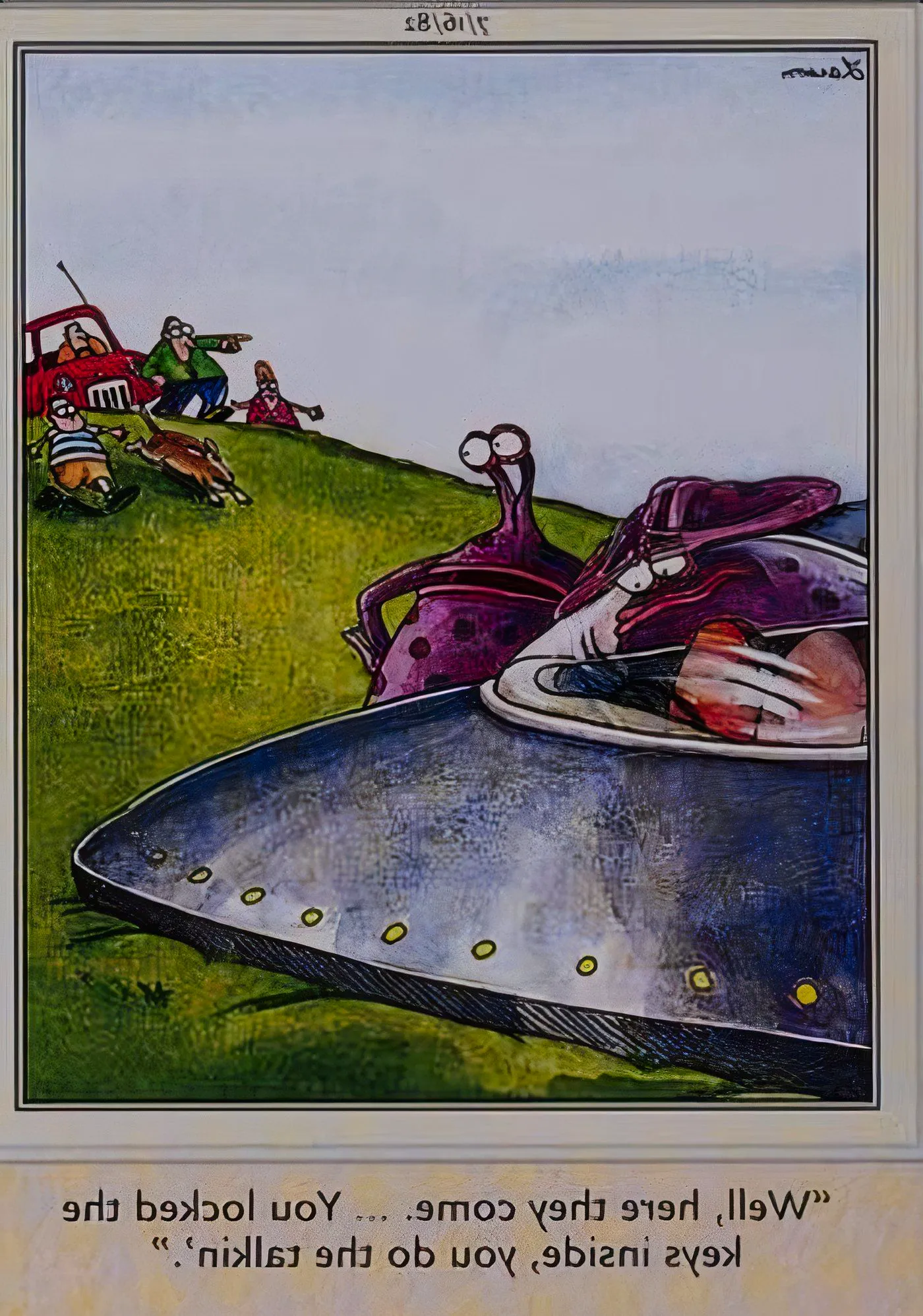 Far Side aliens locking their keys in the spaceship.  Image