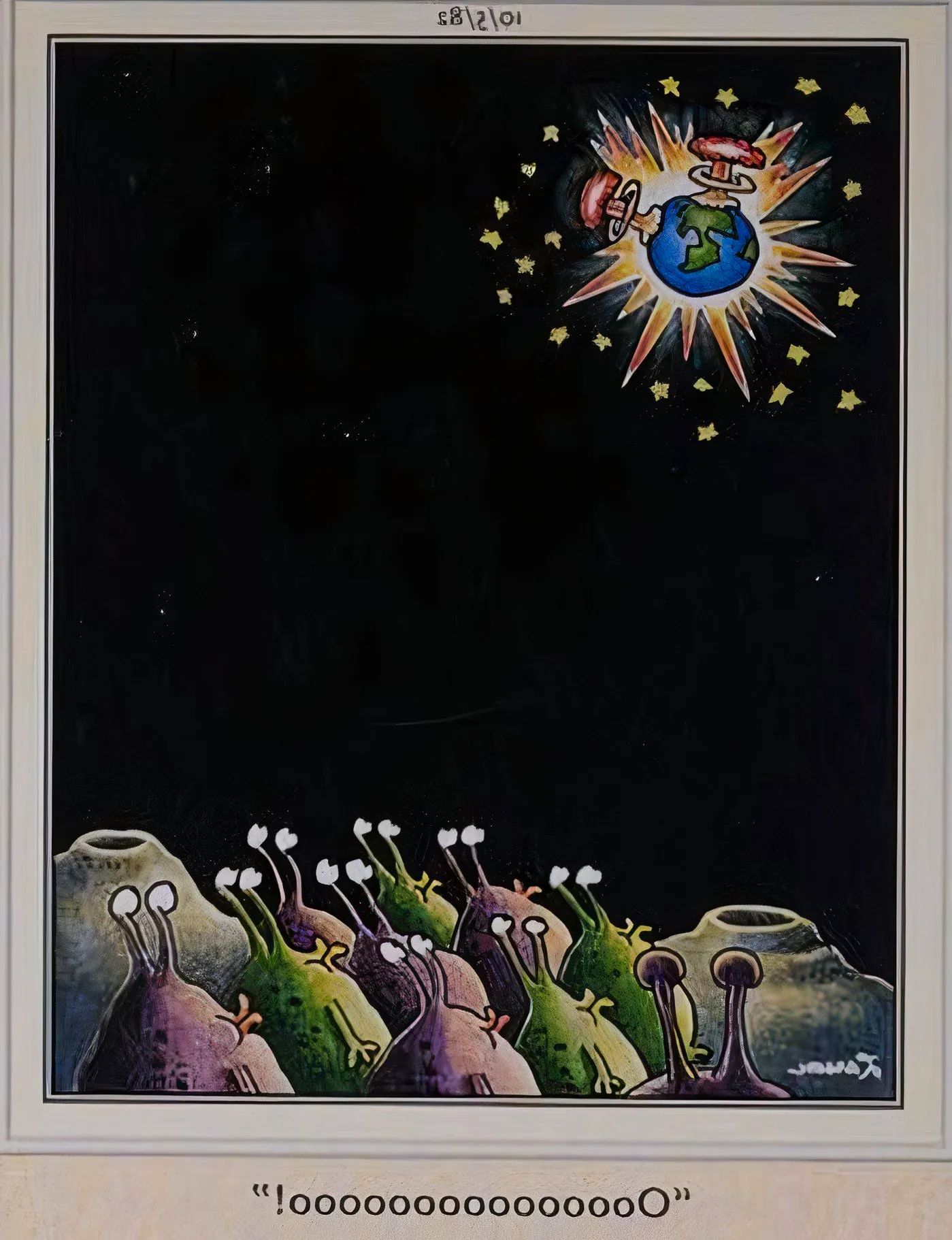 Far Side aliens watching Earth explode like it's fireworks. Image