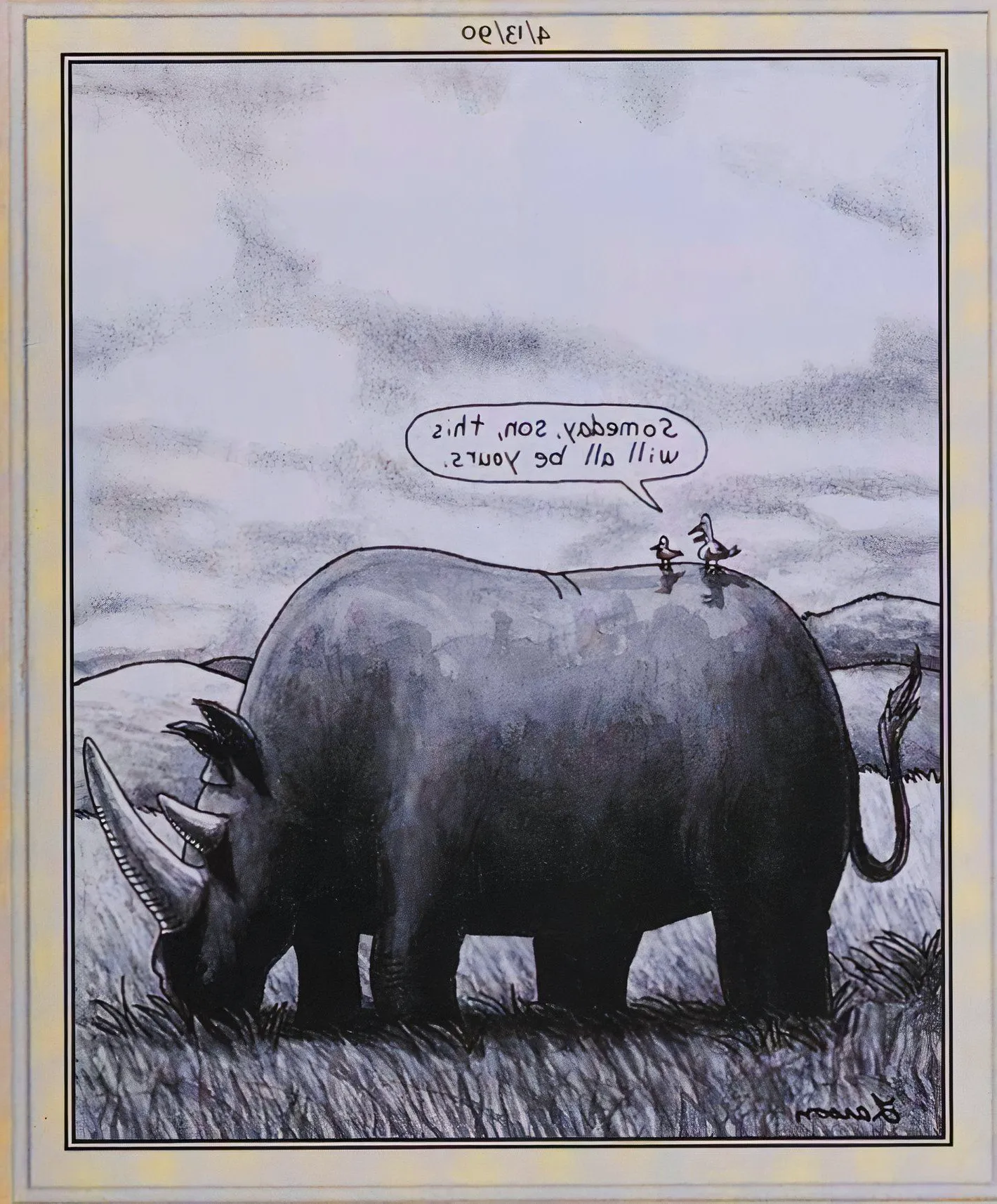 Far Side, April 13, 1990, two birds on the back of rhinosaurus survey their surroundings Image