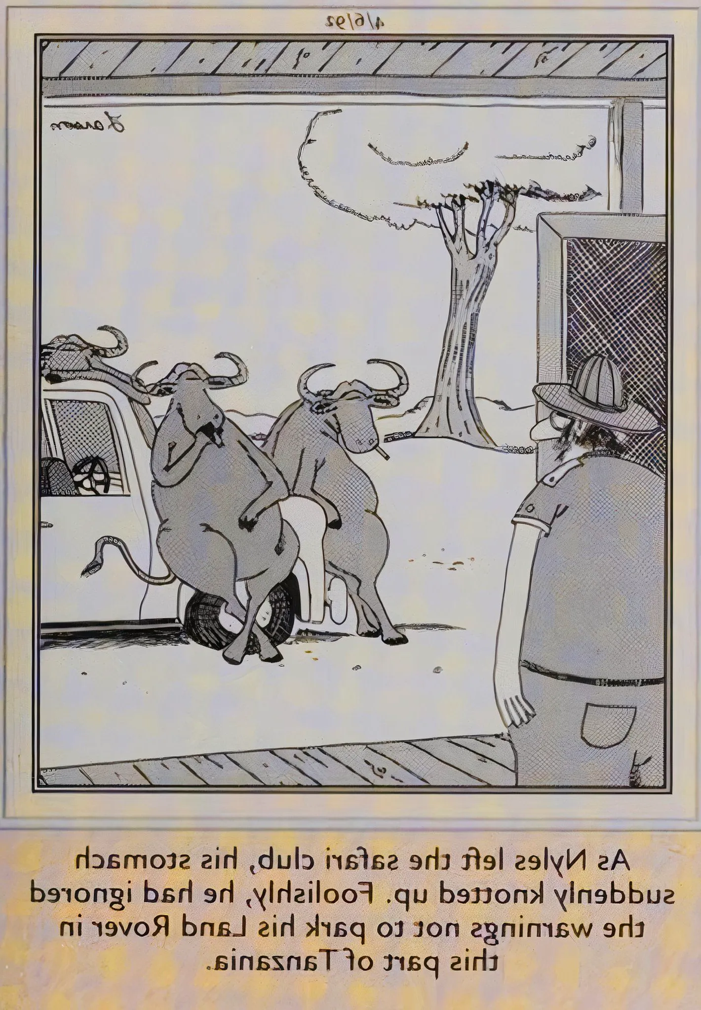 Far Side, April 6, 1992, a man comes out of a bar to find his car surrounded by smoking wildabeasts Image