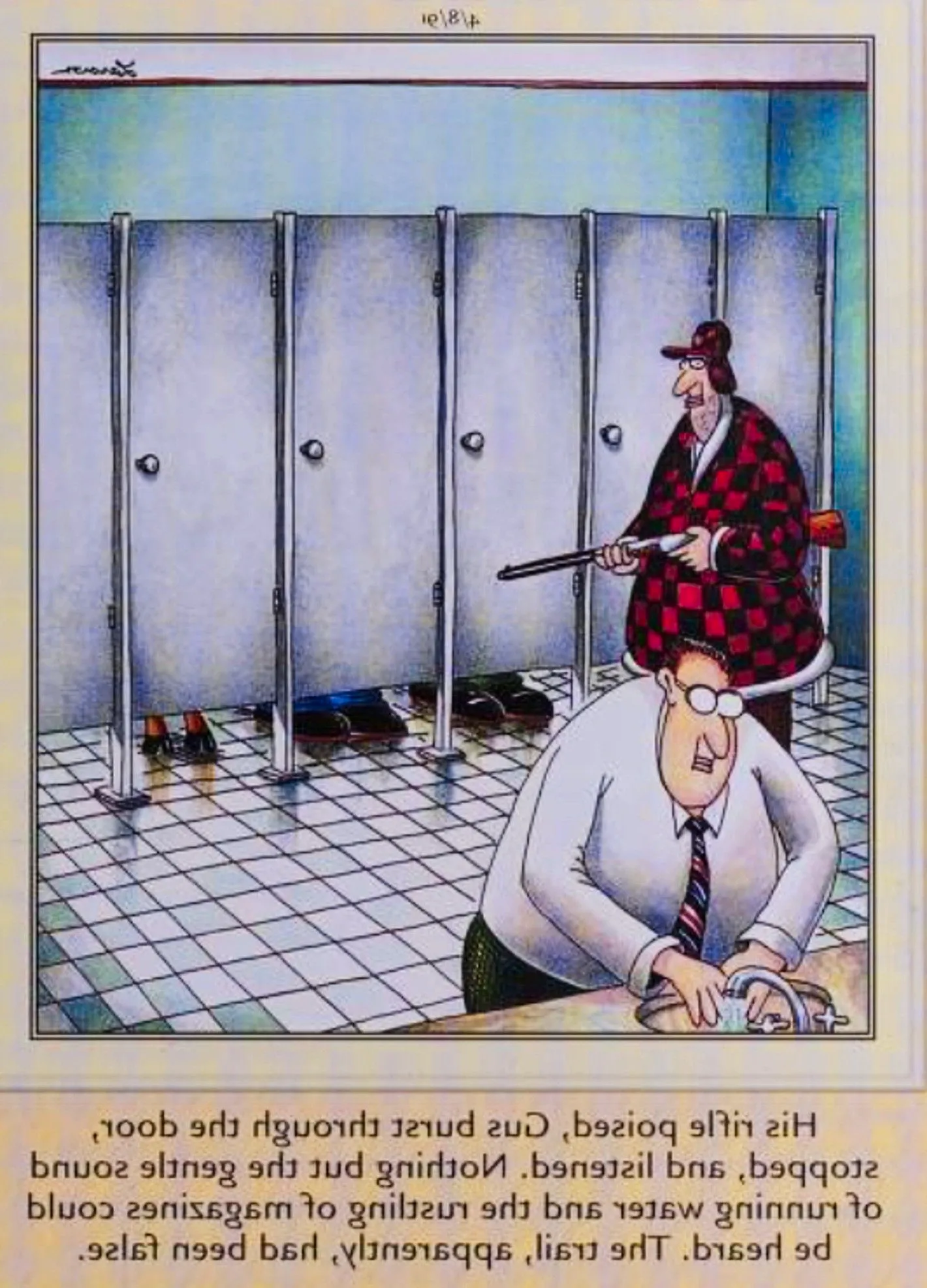 Far Side, April 8, 1991, a hunter chases his prey into a public restroom and loses the trail Image