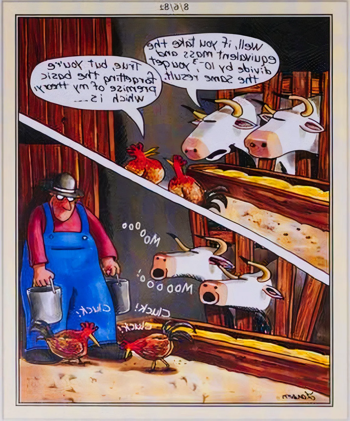 Far Side, August 6, 1982, cows and chickens discusing a scientific formula make animal noises when the farmer enters the barn Image