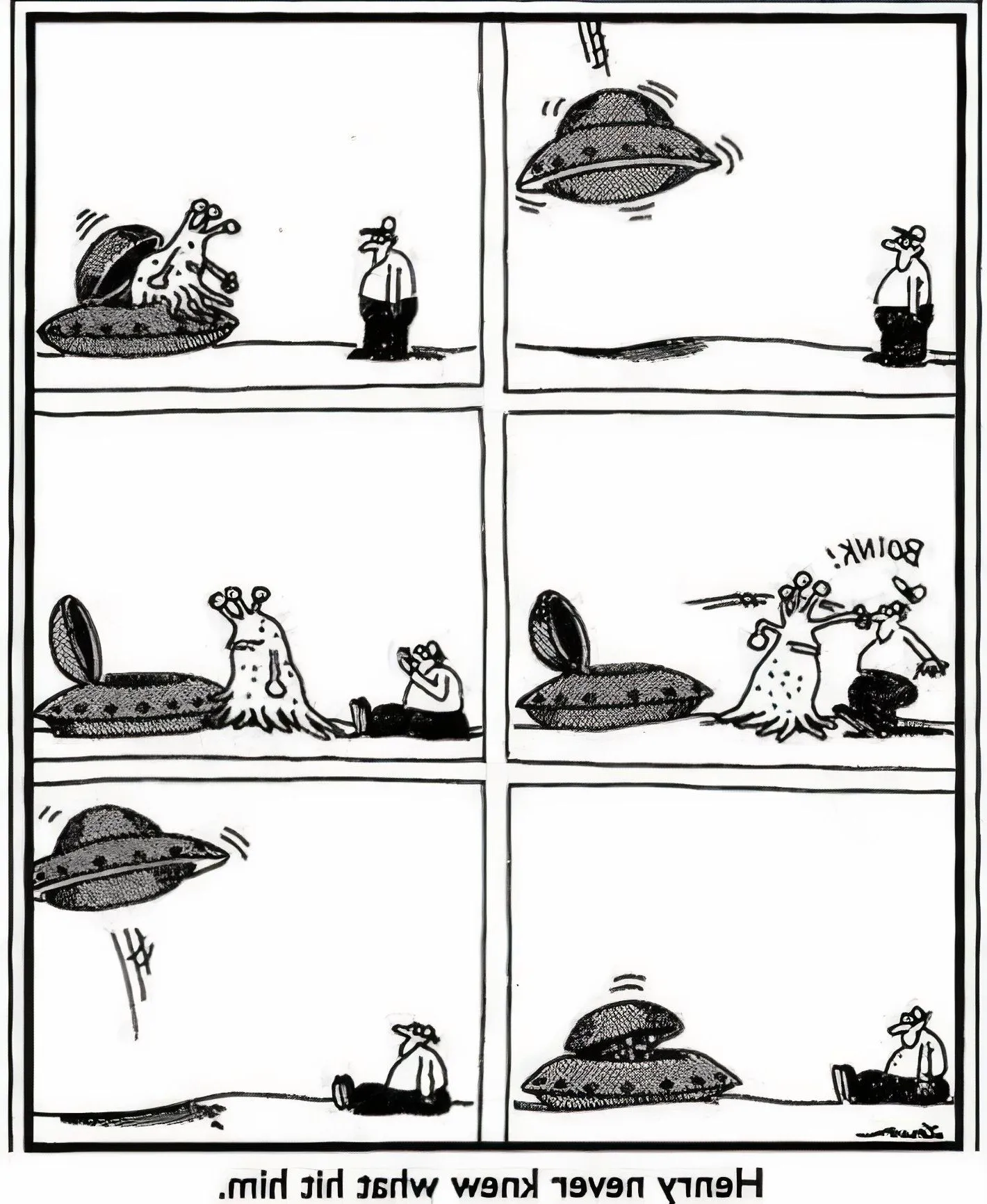 Far Side comic featuring an alien whacking a man on the head, with a 'boink' sound effect Image