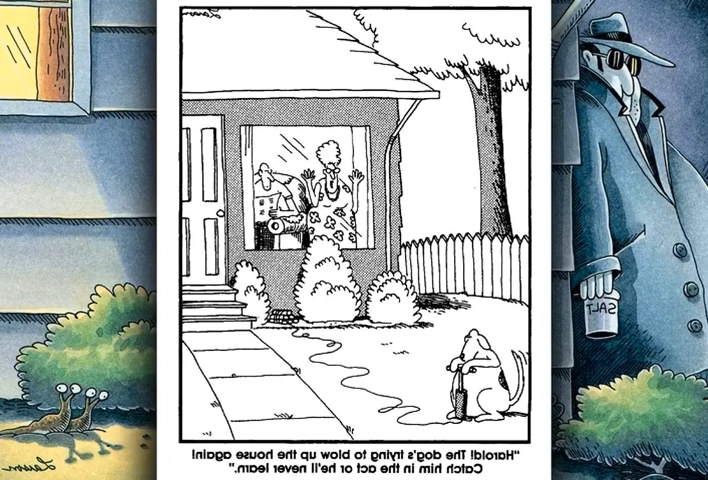 far side comic where a dog tries to blow up house Image