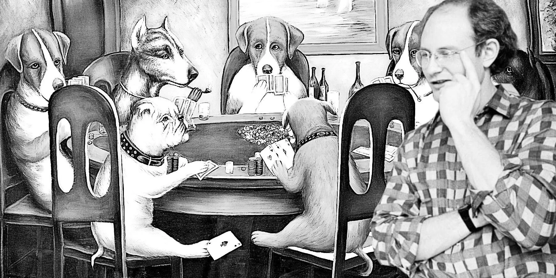 Far Side creator Gary Larson (left) and the iconic Dogs Playing Poker portrait, in black and white Image