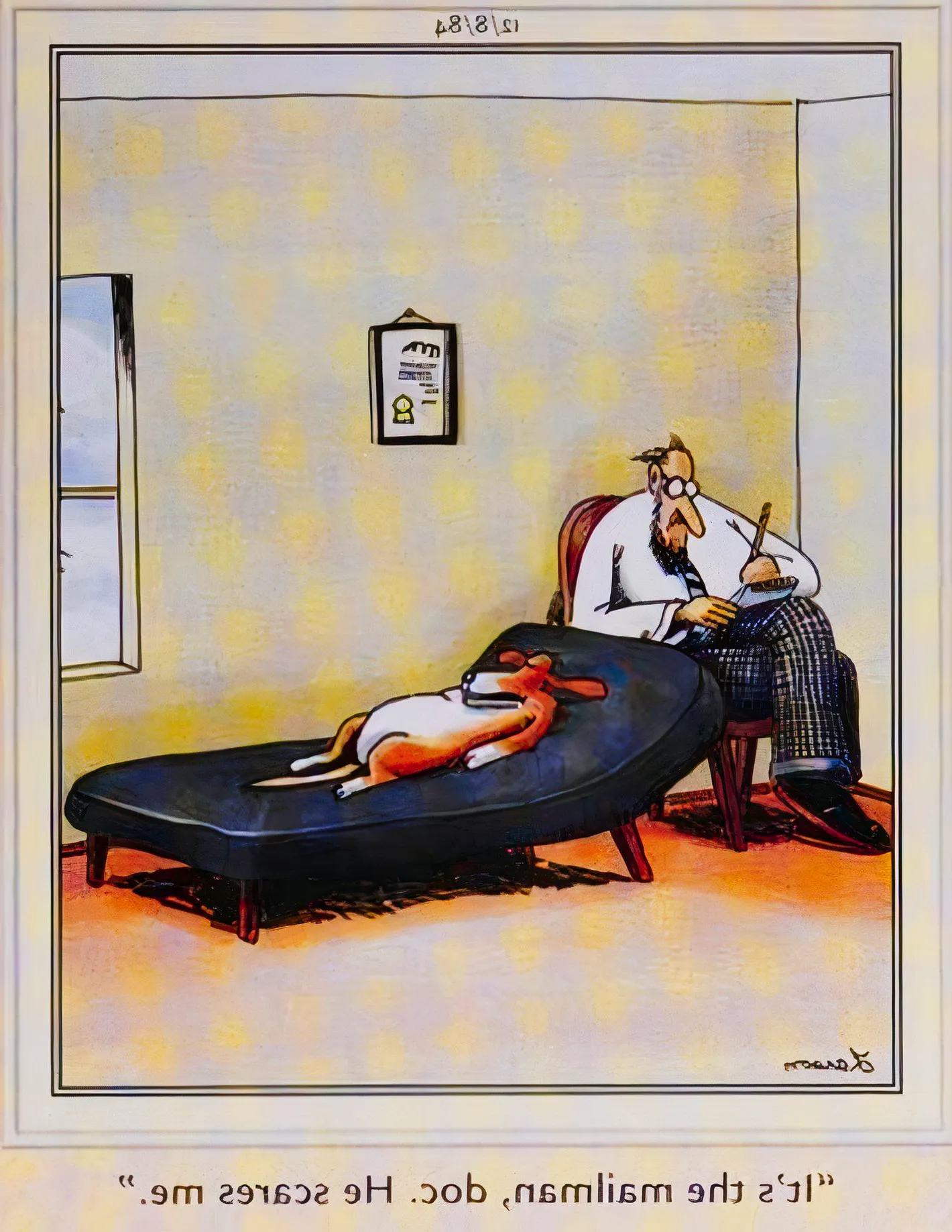 Far Side, December 8, 1984, a dog admits to its therapist that the mail carrier scares it  Image