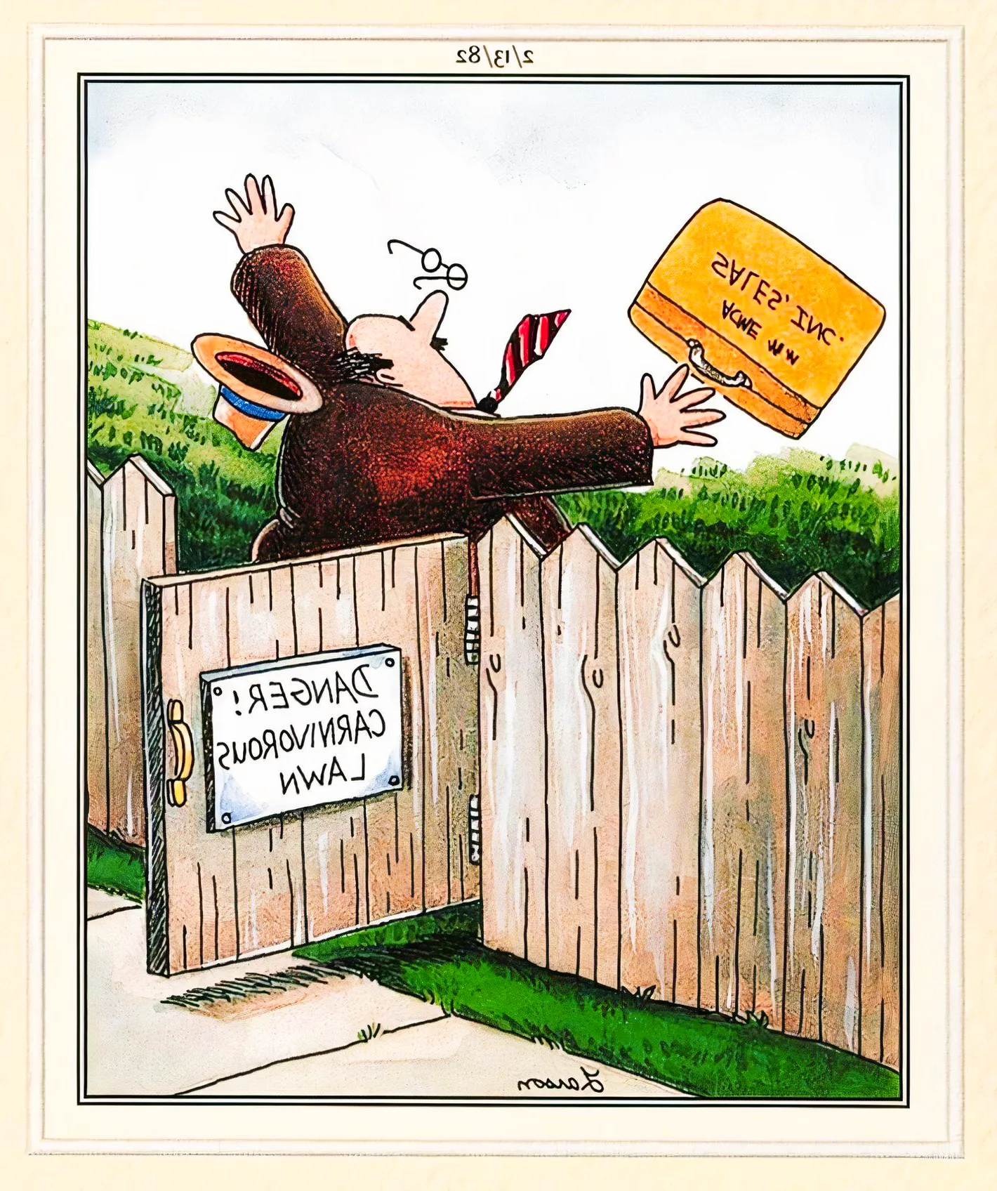 Far Side, February 13, 1982, an ACME traveling salesman is devoured by a carnivorous lawn Image