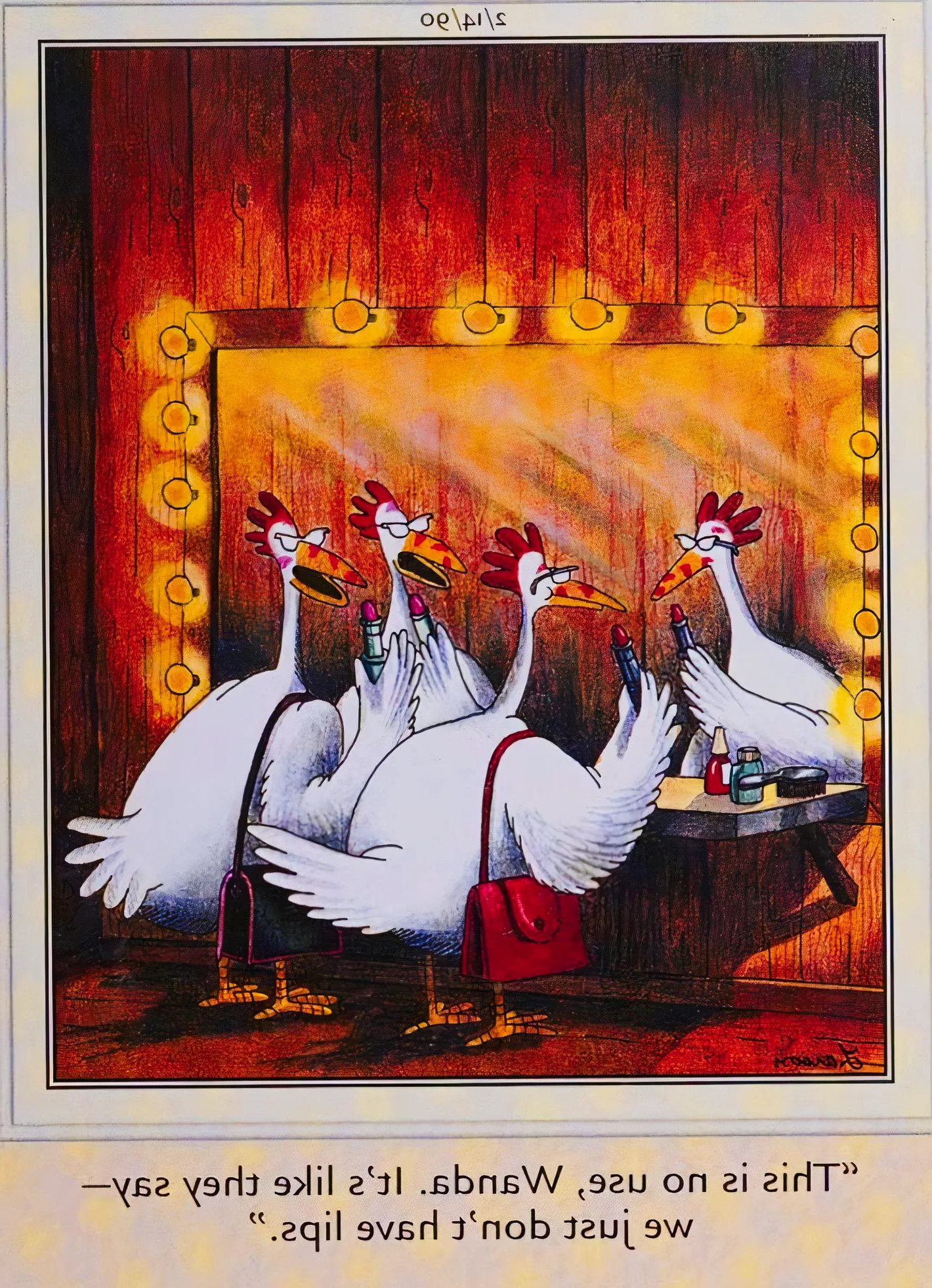 Far Side, February 14, 1990, chickens trying in vain to apply lipstick to their beaks Image