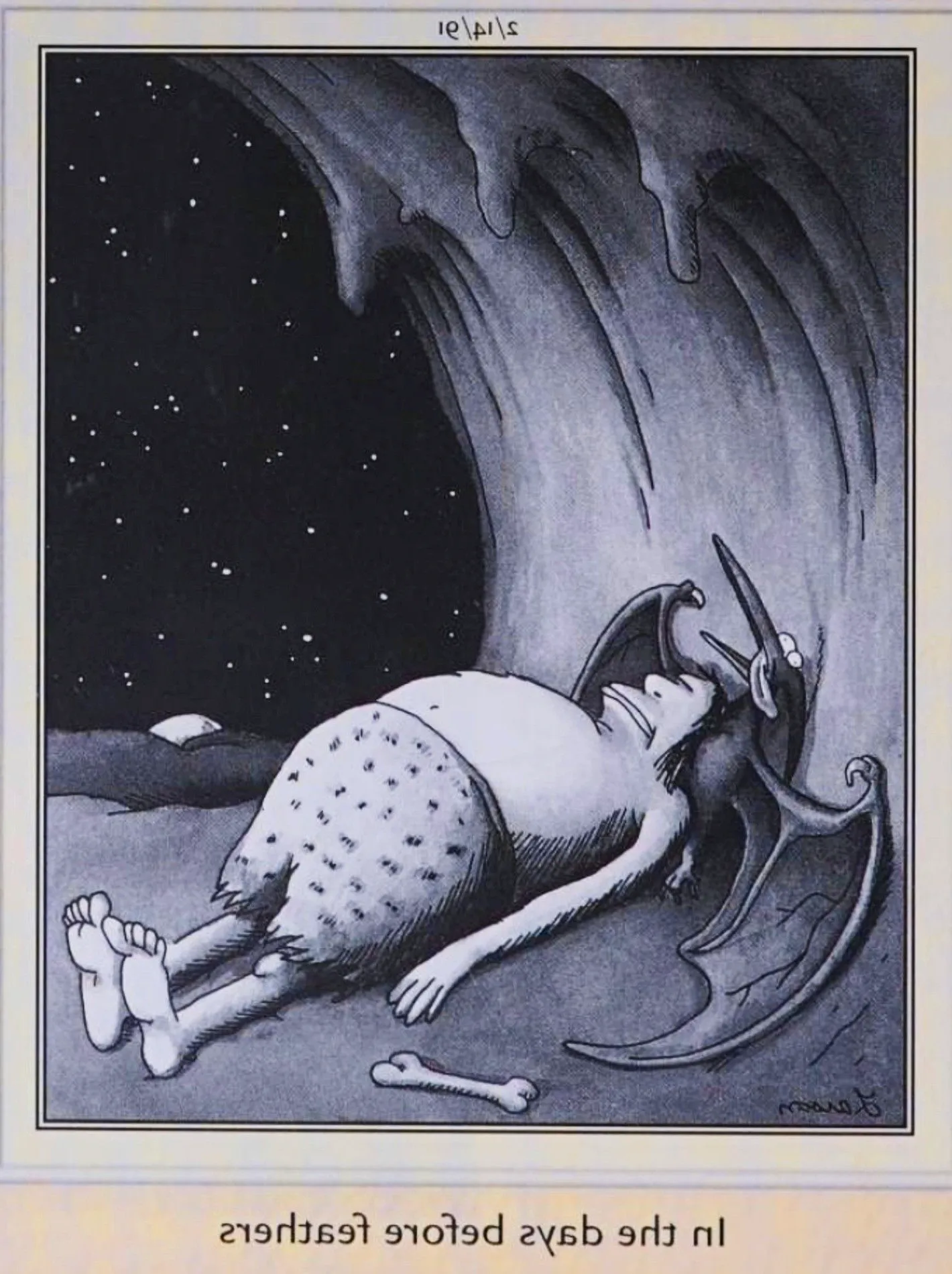 Far Side, February 14, 1991, a caveman uses a dead pterodactyl as a pillow Image