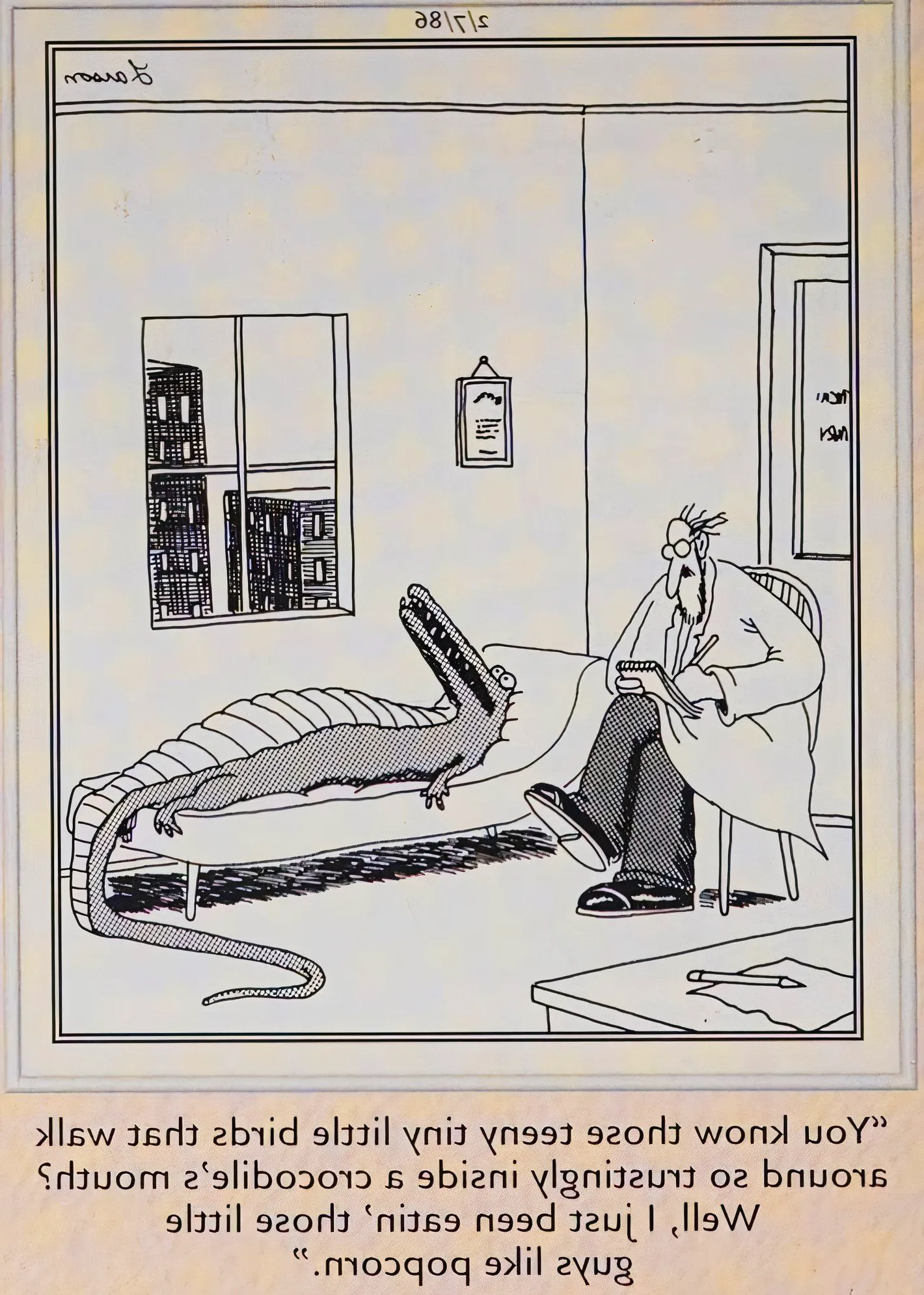 Far Side, February 7, 1986, an alligator admits to eating harmless little birds Image