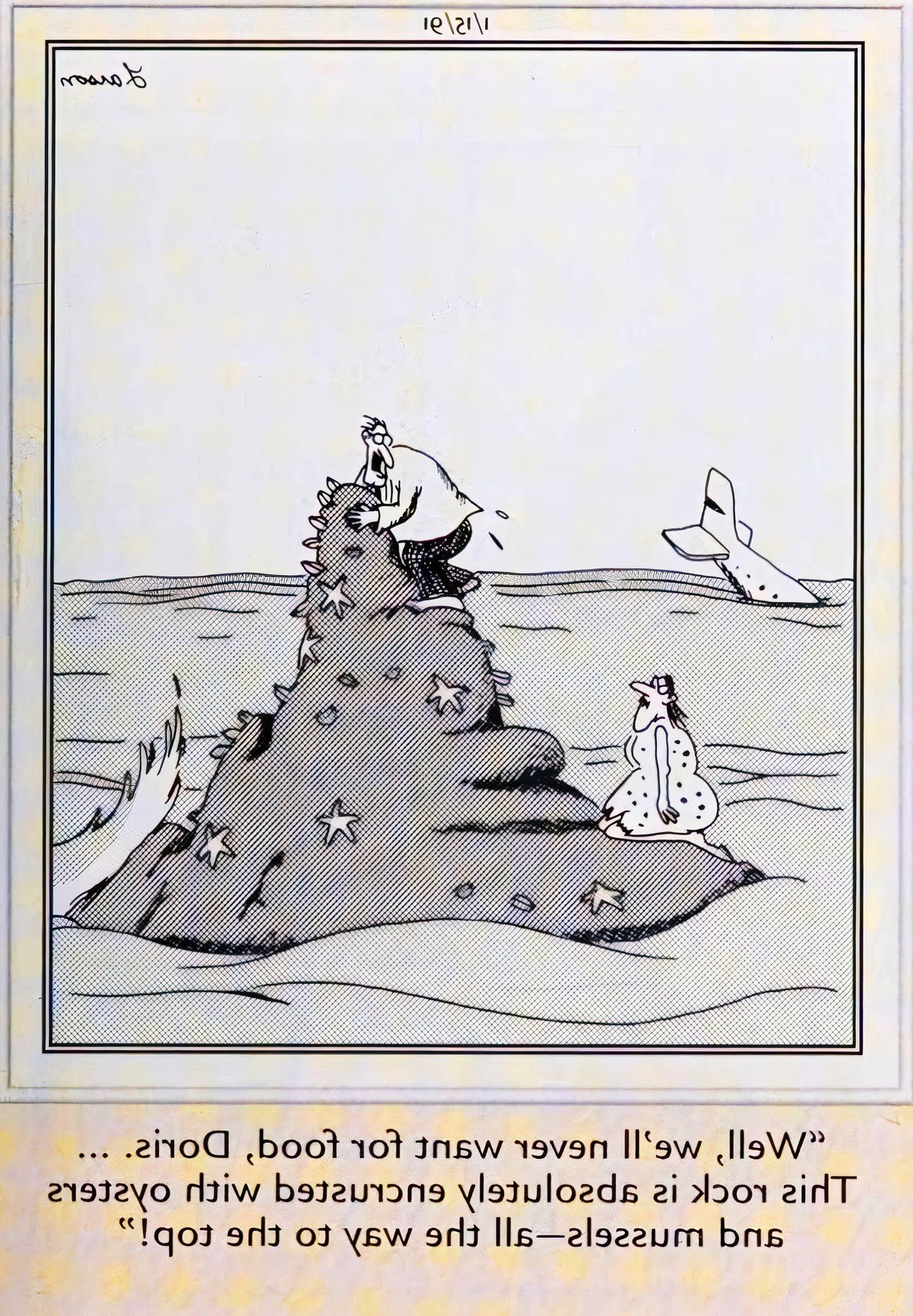 Far Side, January 15, 1991, two plane crash survivors cling to a rock covered in shellfish in the middle of the ocean Image