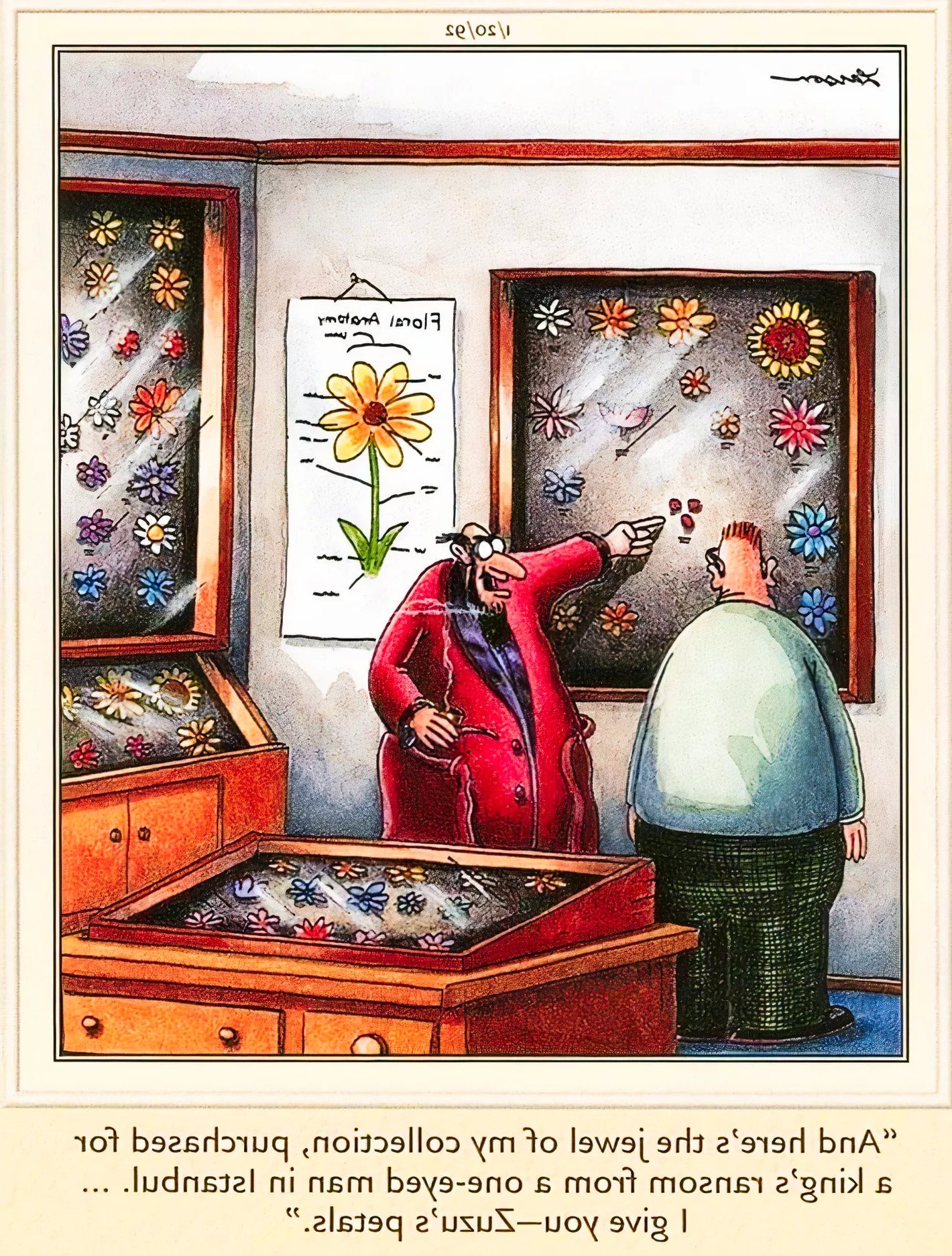 Far Side, January 20, 1992, a man showing off his rare flower collection Image