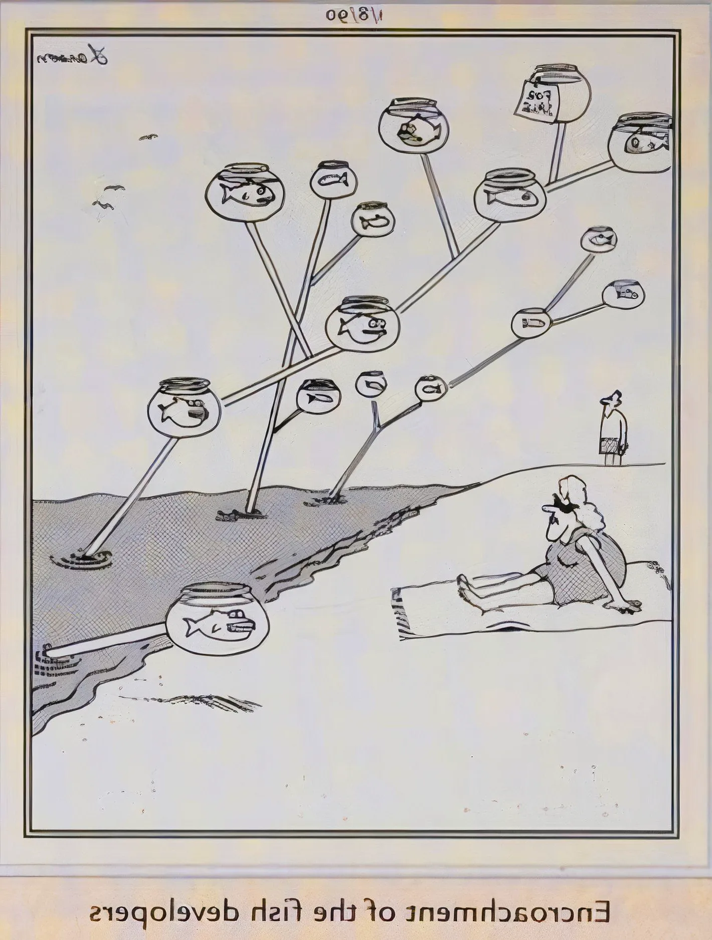 Far Side, January 8, 1990, a branching tree of fishbowls coming out of the ocean Image