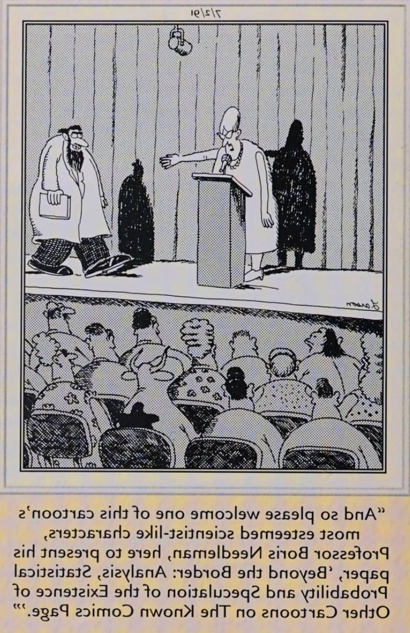 Far Side, July 2, 1991, a fourth-wall breaking character gives a lecture on other comics Image