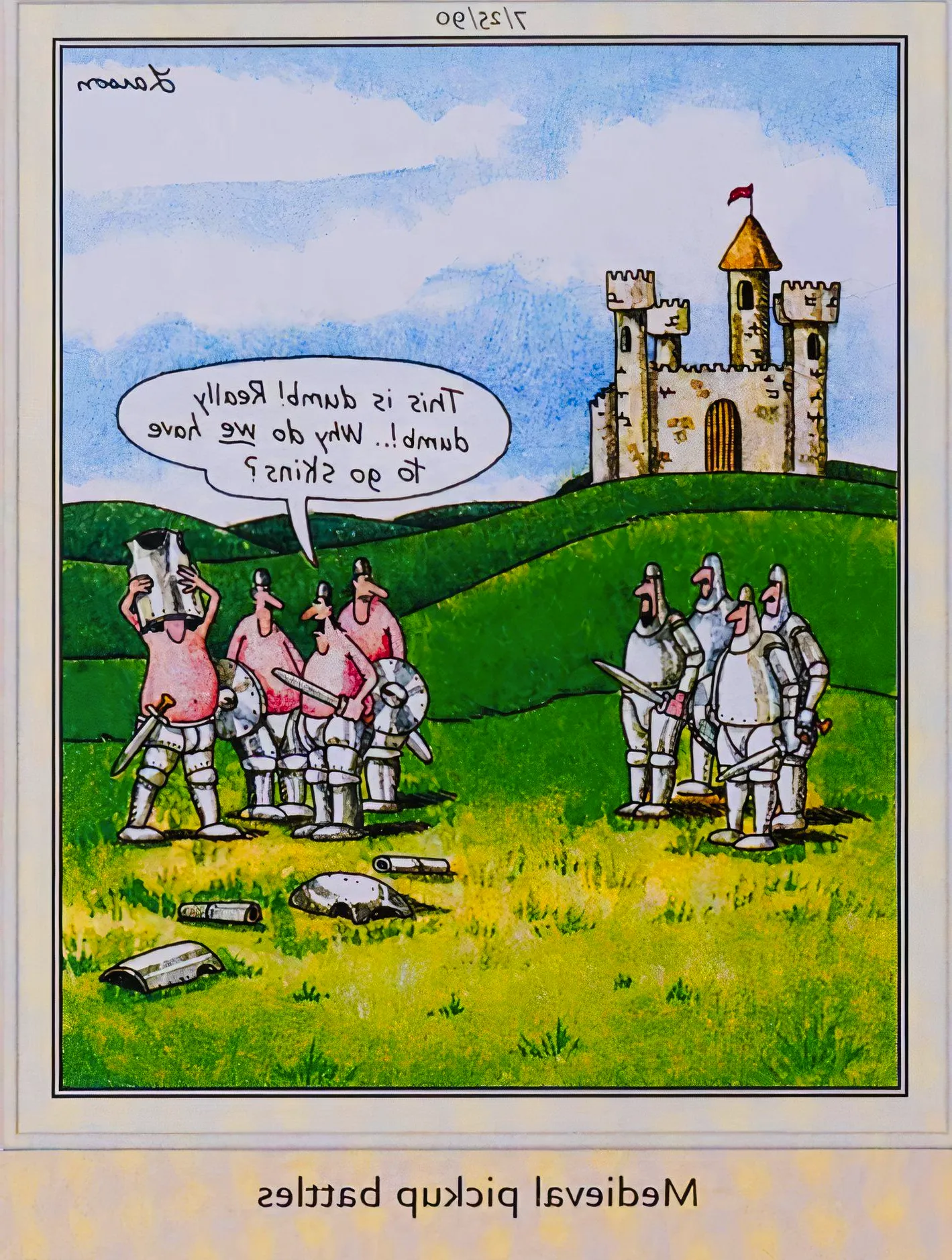 Far Side, July 25, 1990, medieval knights have a shirts-vs-skins battle Image