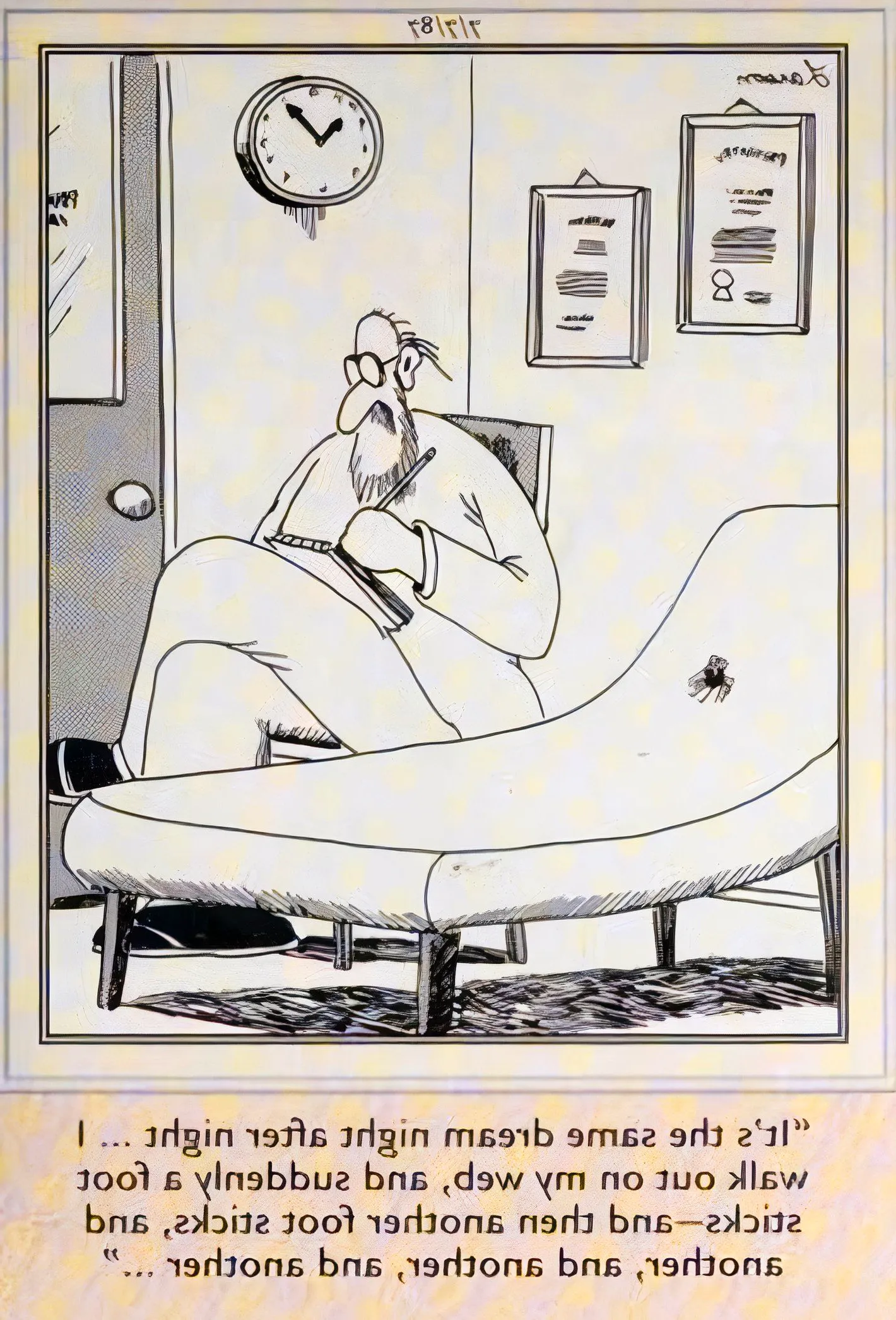 Far Side, July 7, 1987, spider tells therapist about a recurring nightmare Image