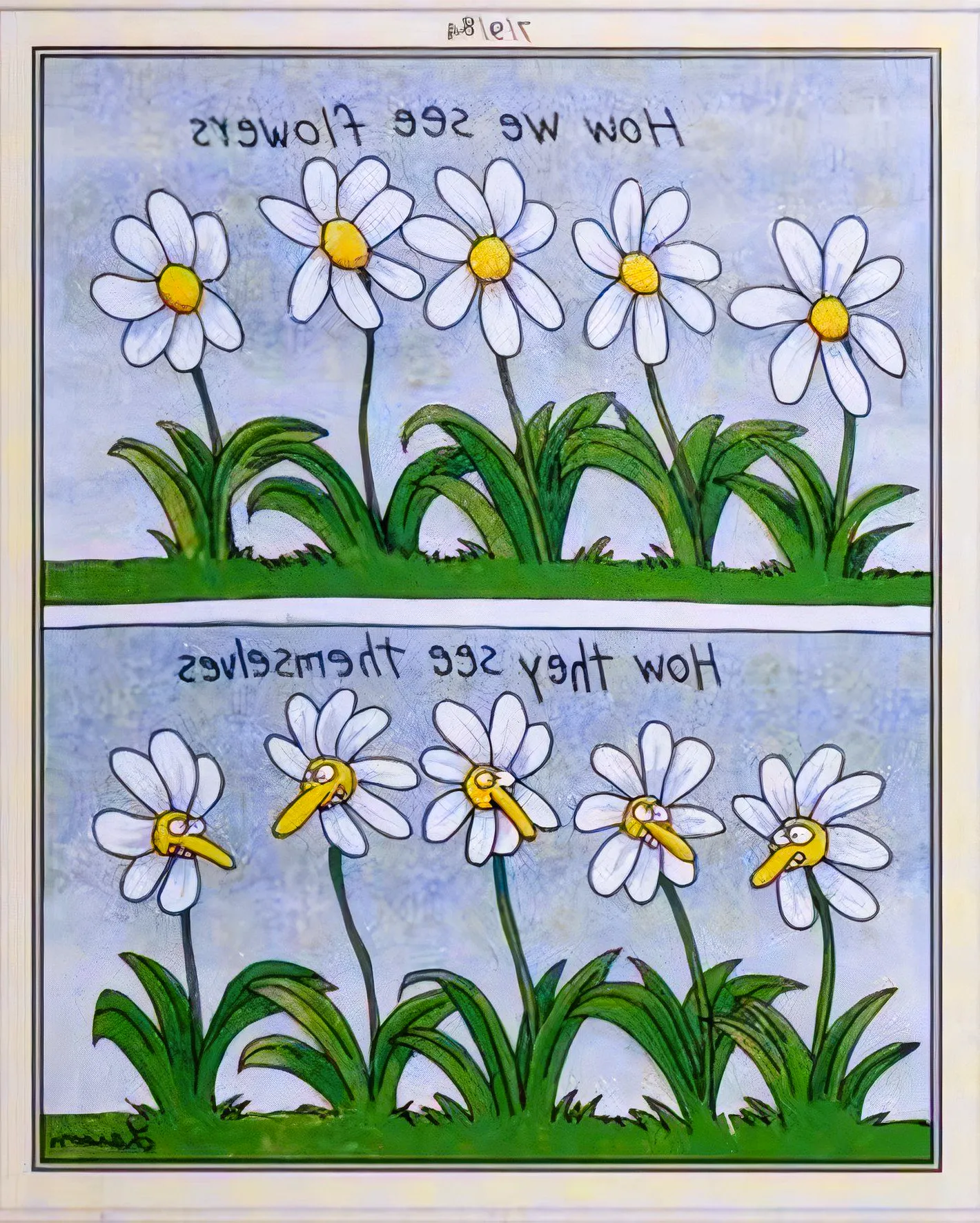 Far Side, July 9, 1984, panels depicting 'how we see flowers' and 'how flowers see themselves' Image