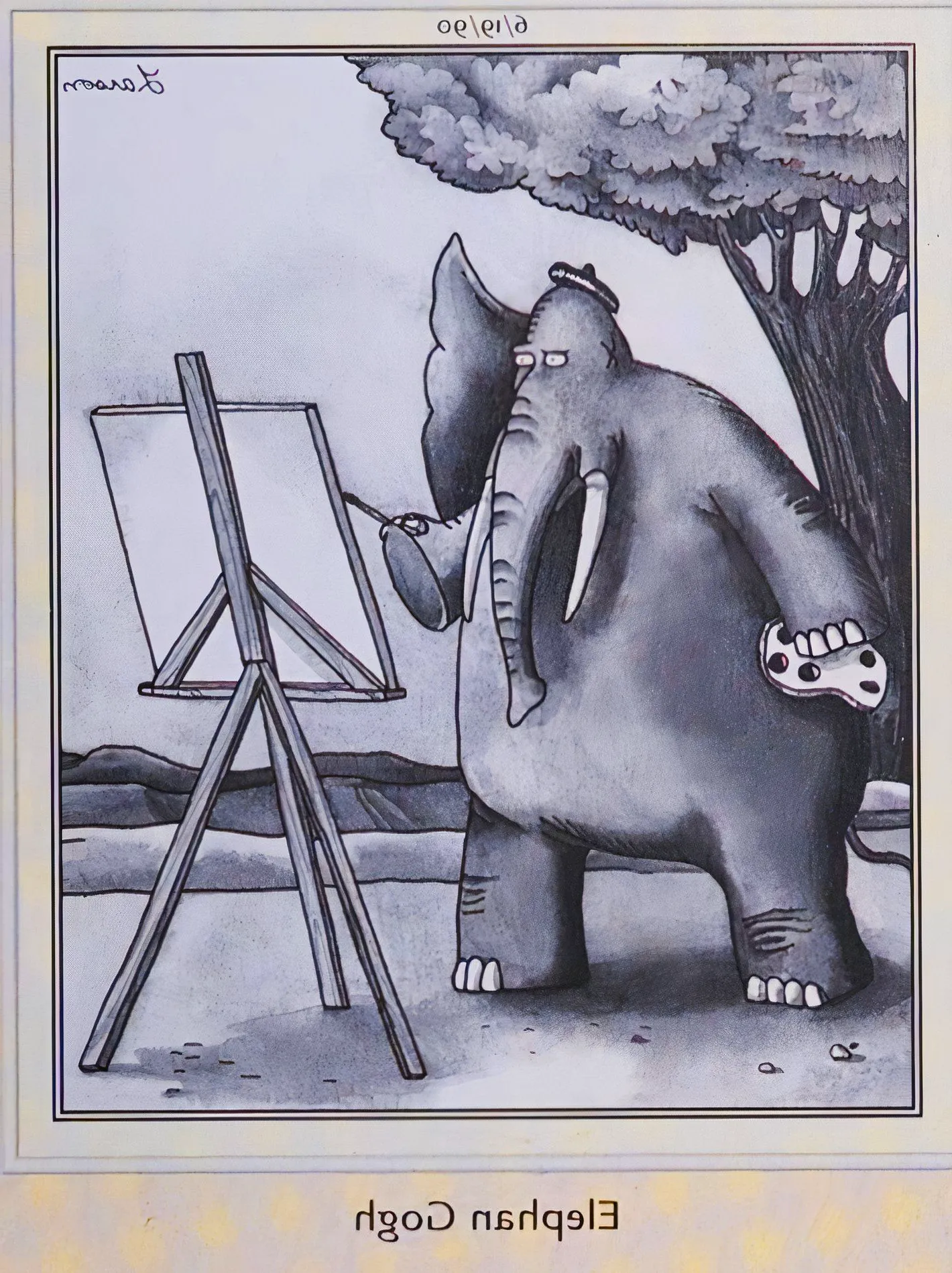 Far Side, June 19, 1990, panel featuring Elephan Gogh, a painting pacyderm Image