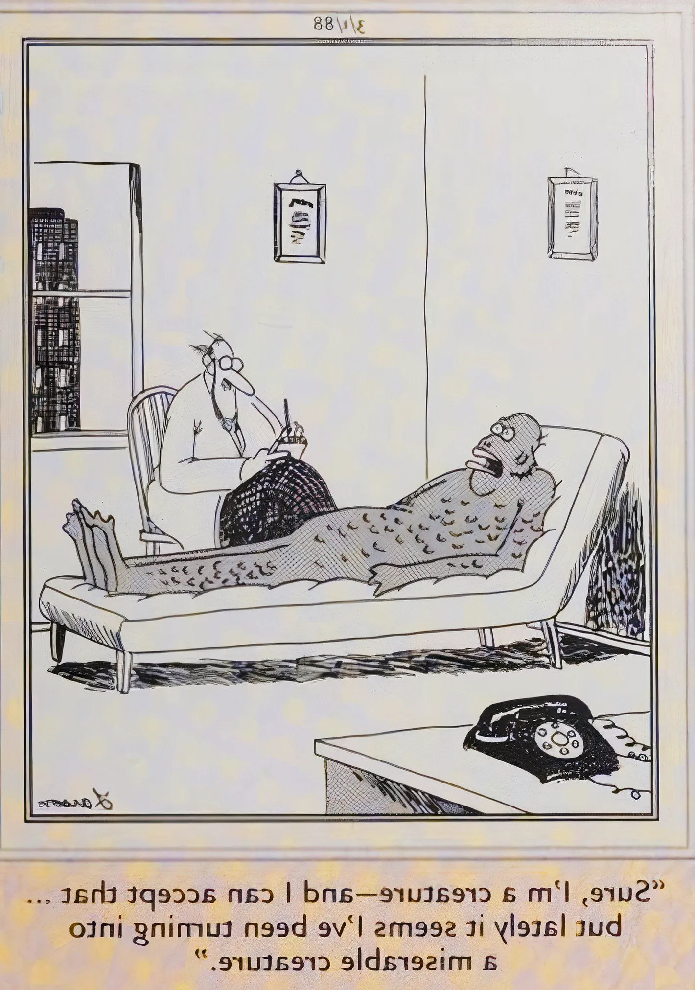 Far Side, March 1, 1988, the Creature from the Black Lagoon admits to its therapist that it is becoming miserable Image