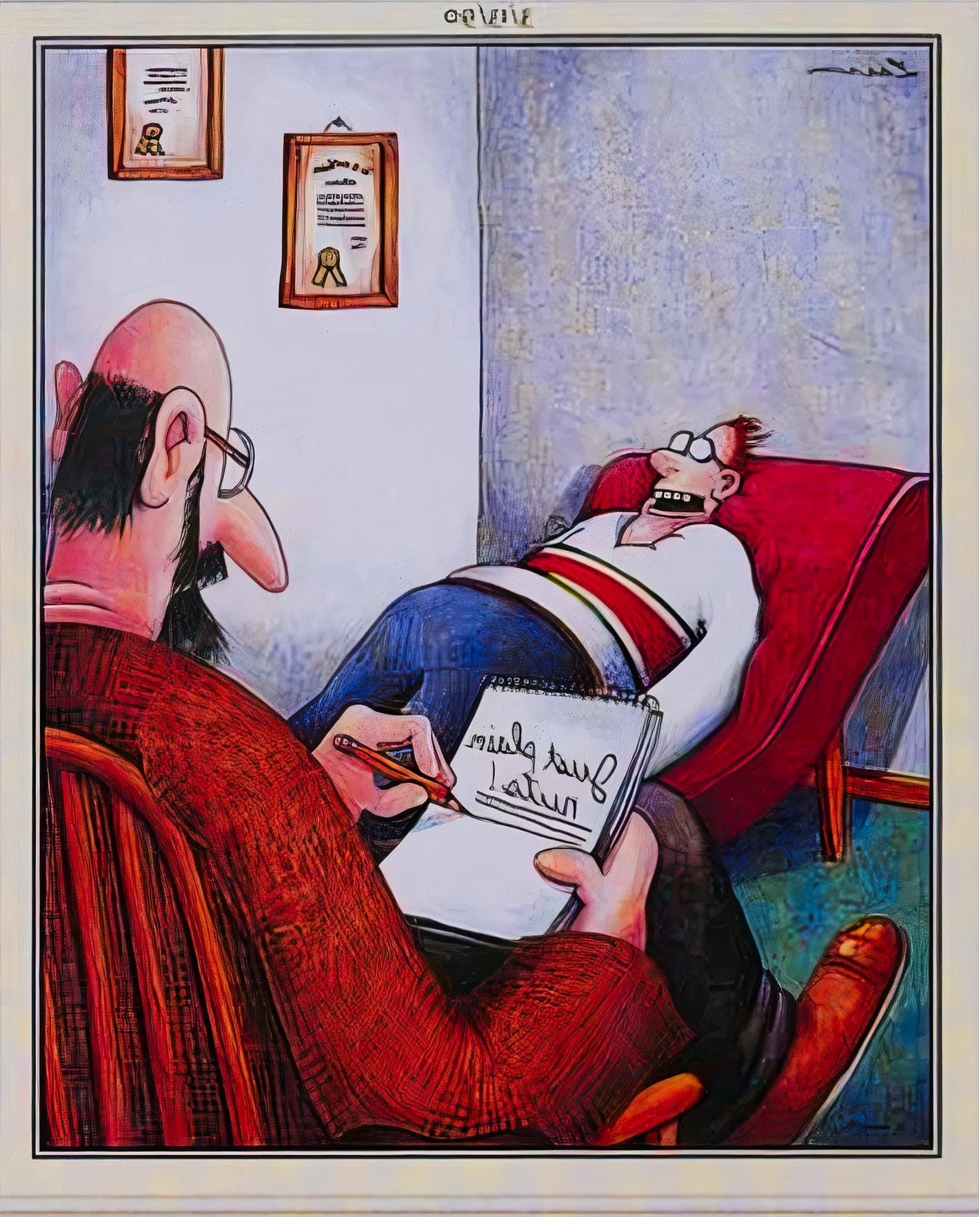 Far Side, March 13, 1990 a therapist writes 'just plain nuts' on his notepad as his patient talks Image