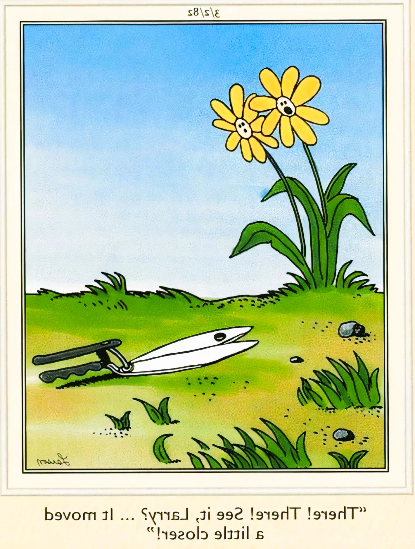 Far Side, March 2, 1982, two flowers look on in concern as a pair of scissors slowly crawls toward them Image