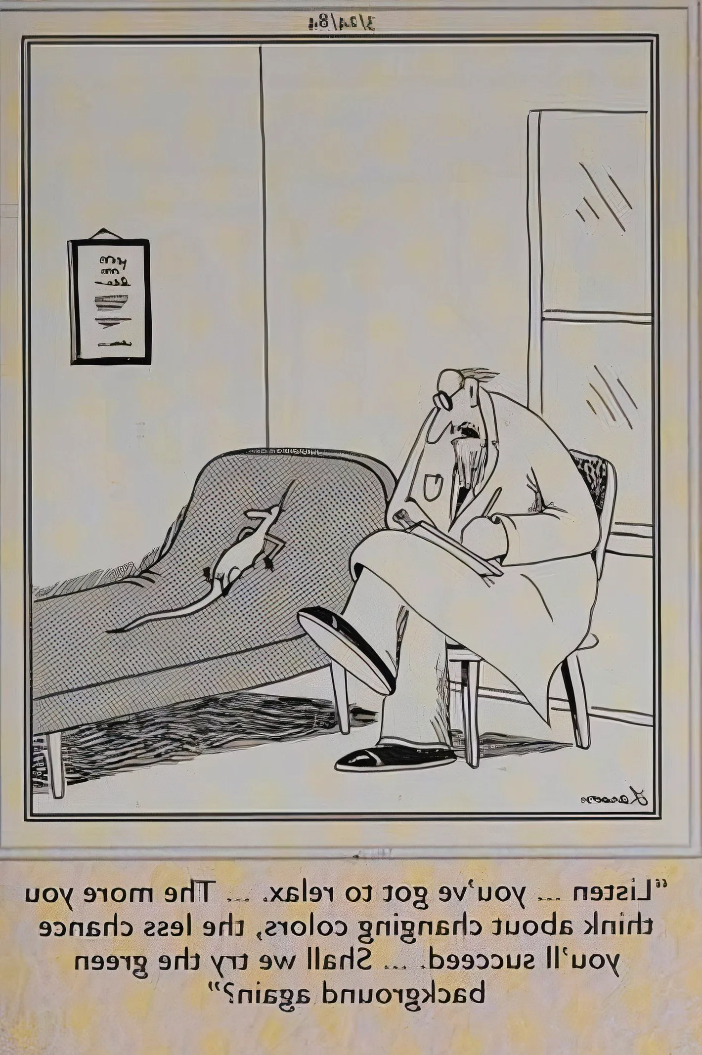 Far Side, March 24, 1984, a therapist tells his lizard patient to relax so they can fix its color-changing problem Image