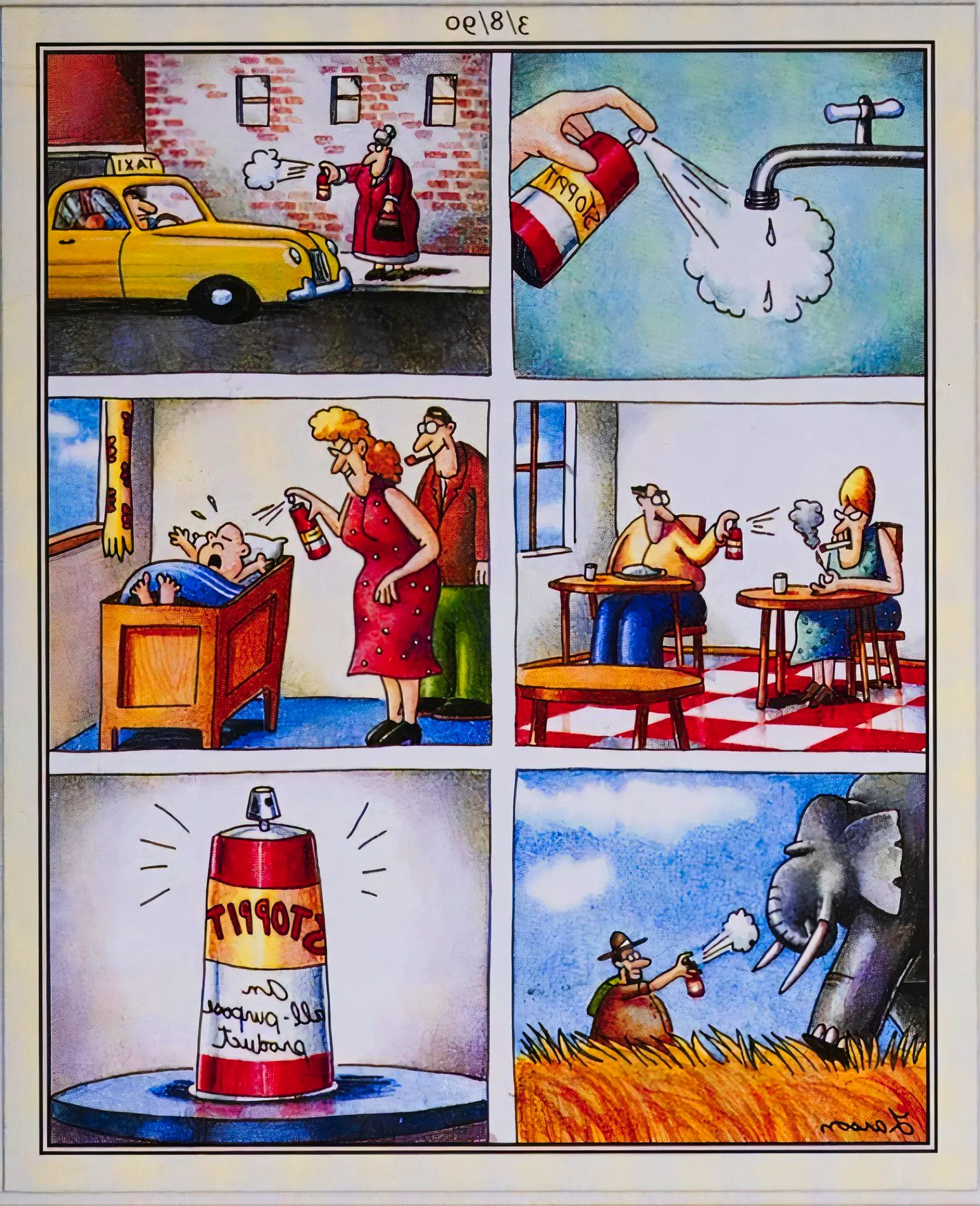 Far Side, March 8, 1990, a sequence of panels featuring STOPPIT all-purpose spray Image