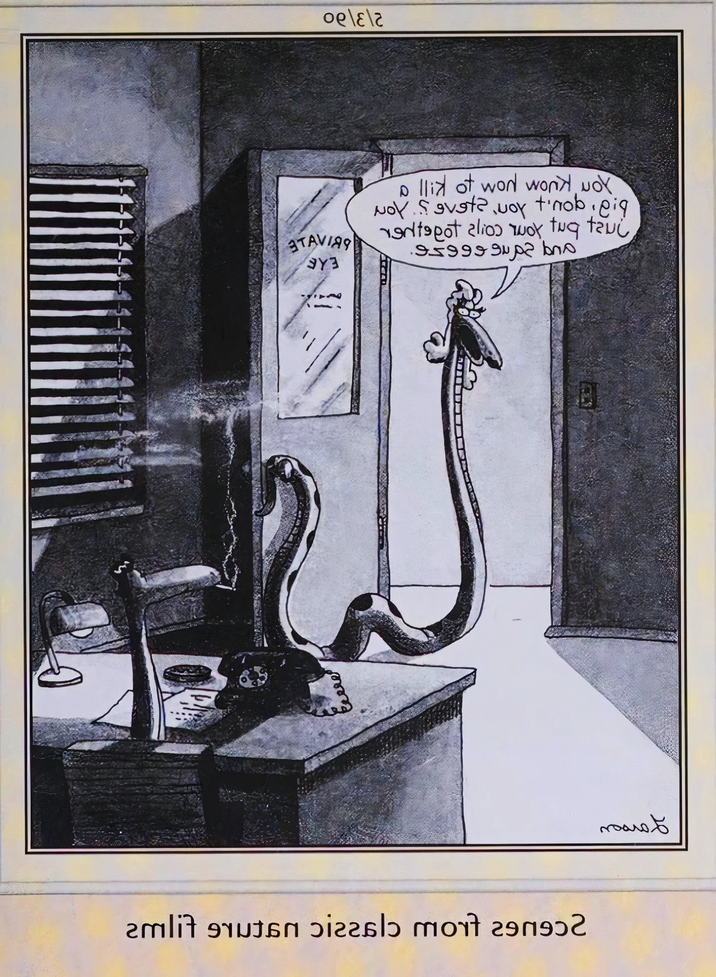 Far Side, May 3, 1990, a female snake seductively tells a male snake how to kill a pig Image