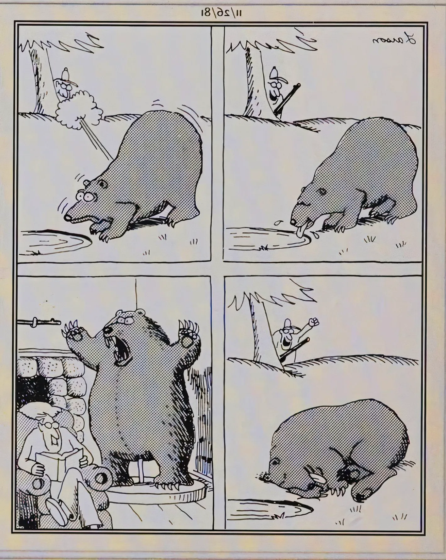 Far Side, November 26, 1981, a bear is shot while peacefully drinking at a pond and then stuff in a scary pose Image