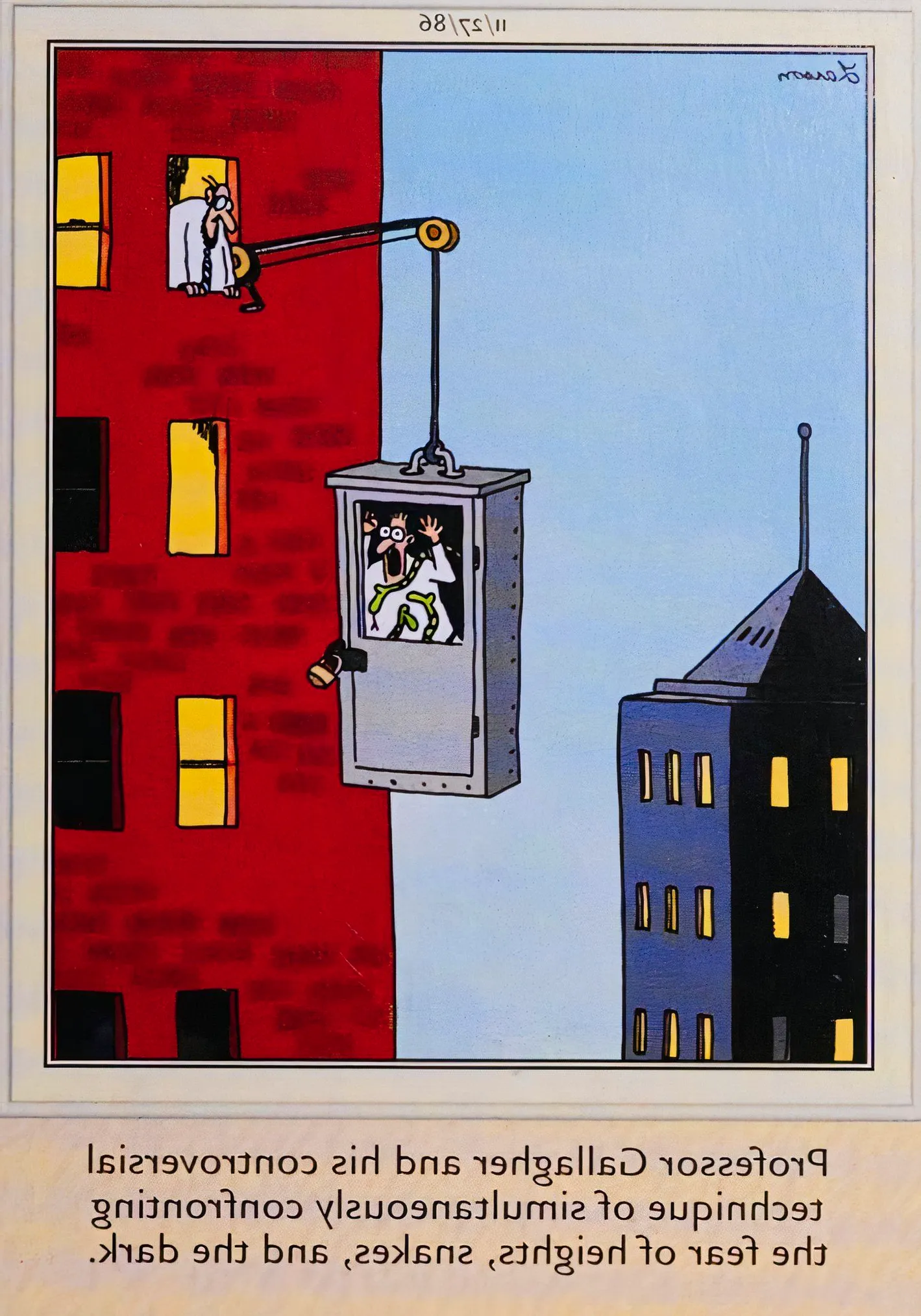 Far Side, November 27, 1986, depicting an experimental procedure for treating multiple phobias Image