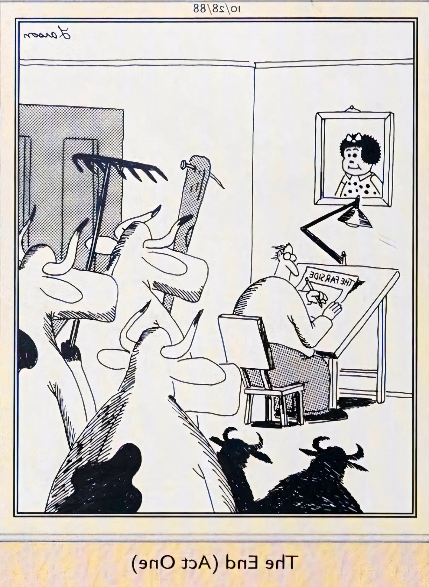 Far Side, October 28, 1988, a group of armed cows confront Gary Larson at his drawing table Image