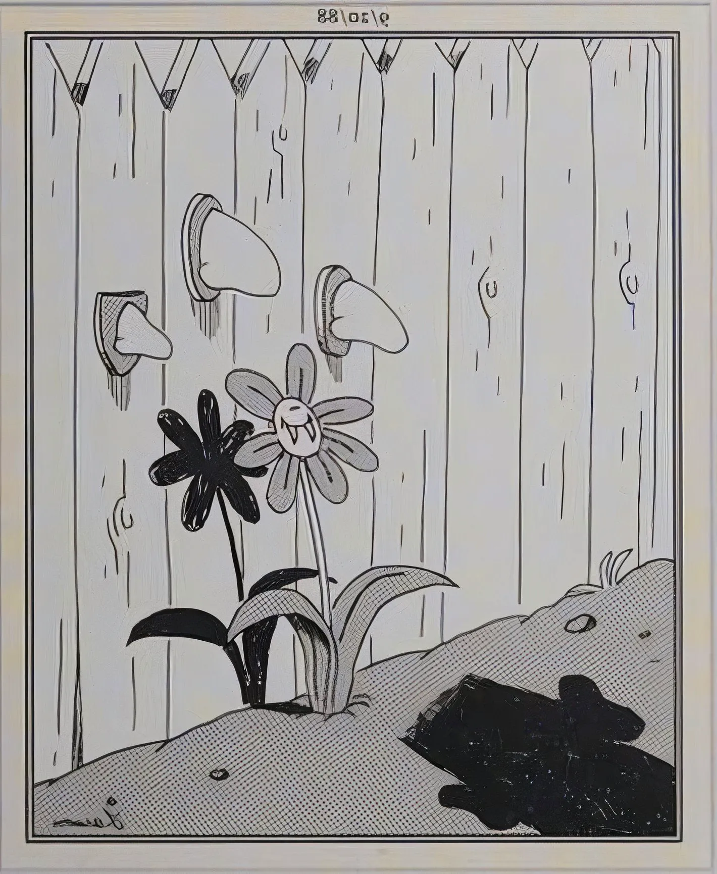 Far Side, September 20, 1988, a fence with noses and a flower with fangs, approached by the shadow of a man Image