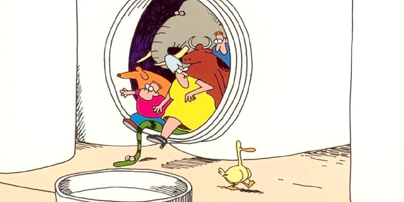 Far Side stock characters escaping from a jar. Image