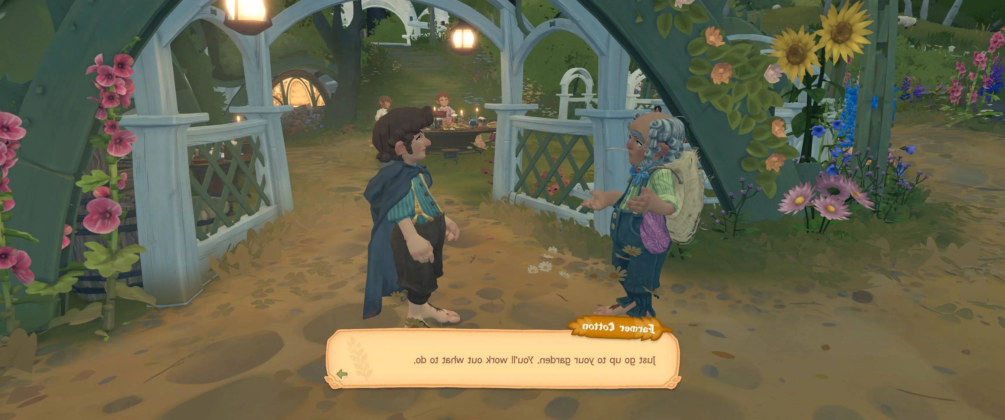 Farmer Cotton telling the player character to visit their garden in Tales of the Shire. Image