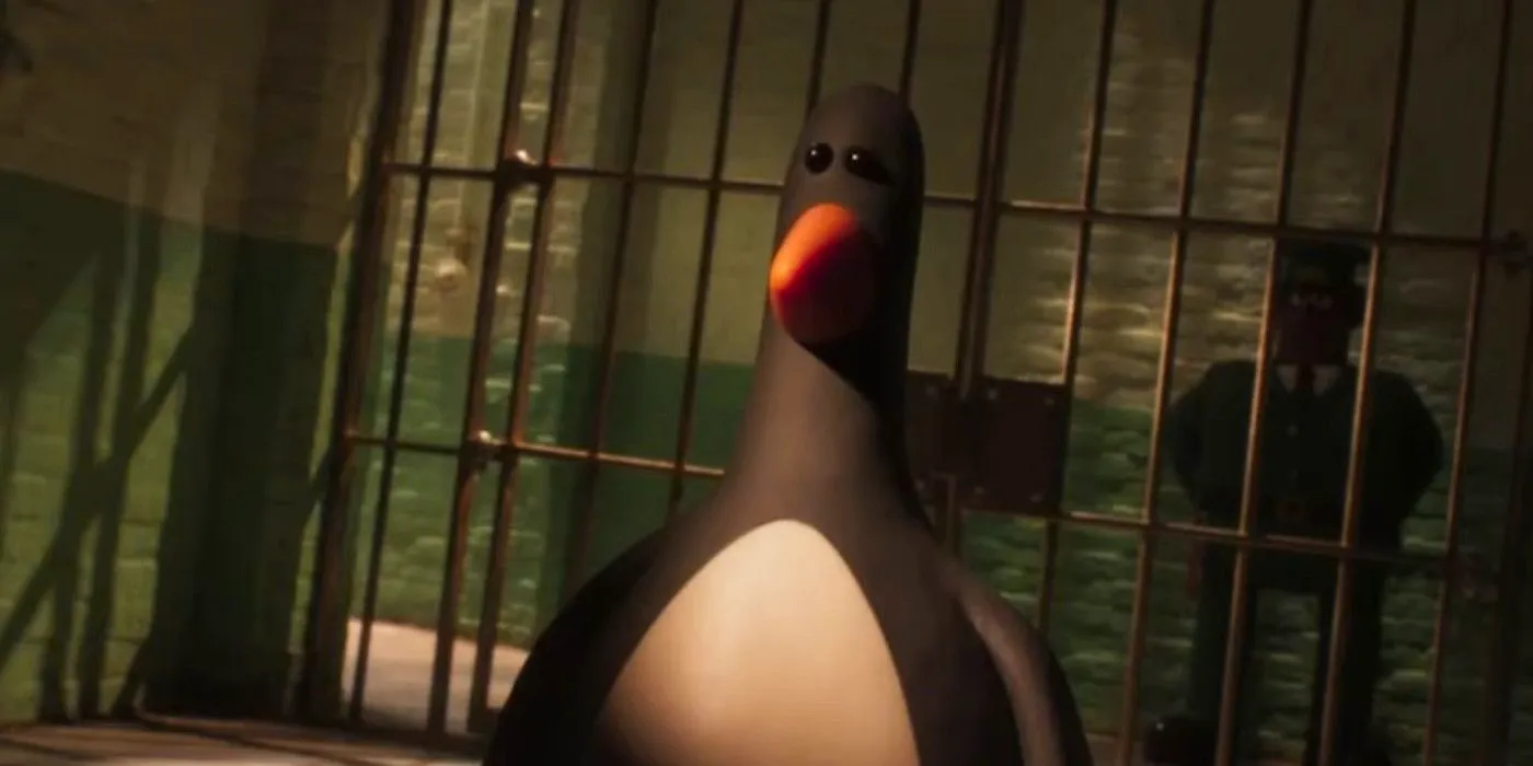 Feathers McGraw stands in a prison cell in Wallace and Gromit Vengeance Most Fowl Image