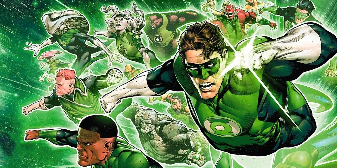 Featured Image: multiple members of the Green Lantern Corps in flight through space Image