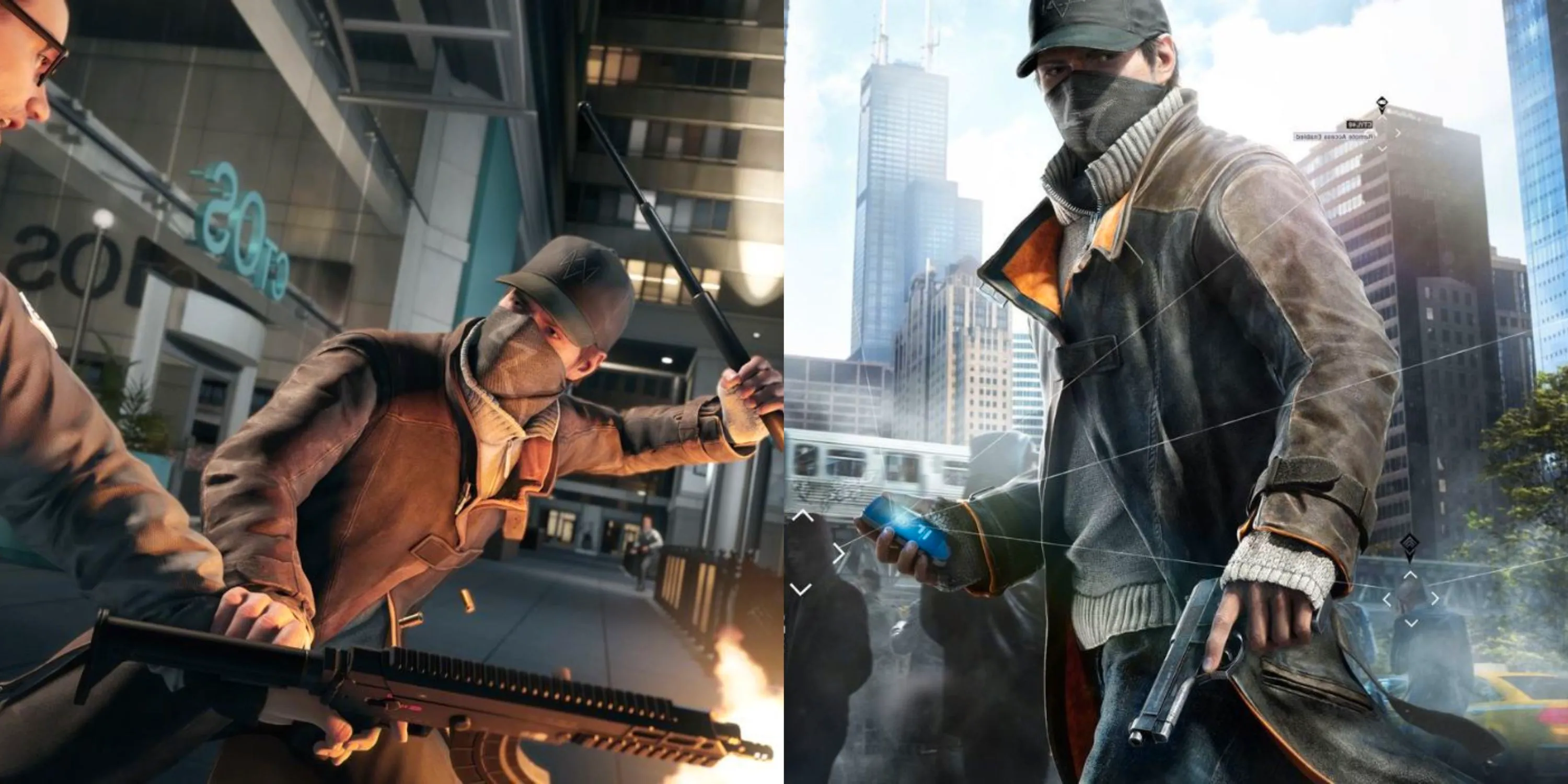 Featured image split cover art for Watch Dogs and aiden in combat in Watch Dogs 1 Image