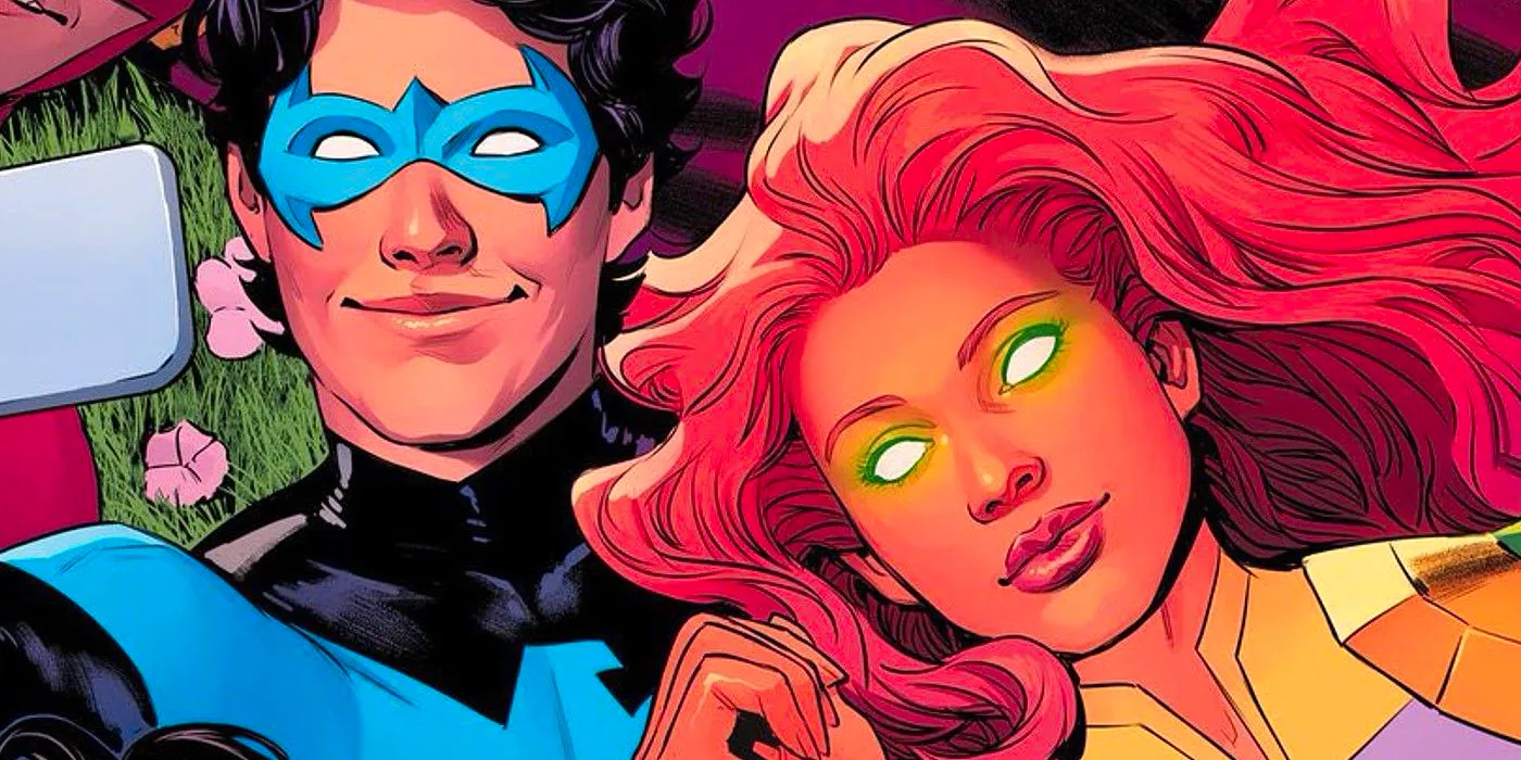 Featured Image: Starfire (left) and Nightwing (right), romantic moment Image